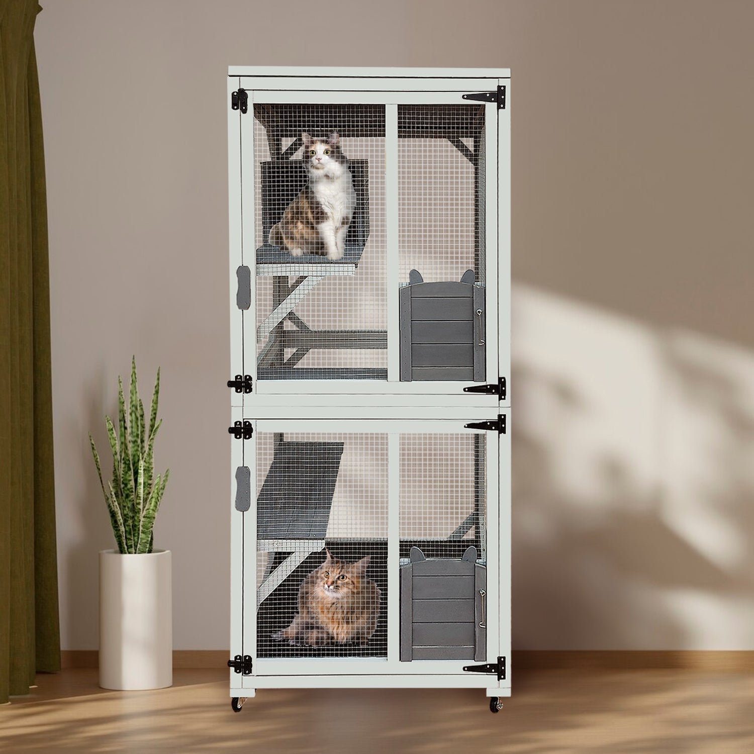 30.7&amp;#39;  Wooden Catio Outdoor Cat Enclosure, Luxury Cat House on Wheels with Napping House, 4 Platforms &amp;amp; Weatherproof Asphalt Roof, Large Kitty Cat Condo Cage Shelter Playpen with Sliding Doors