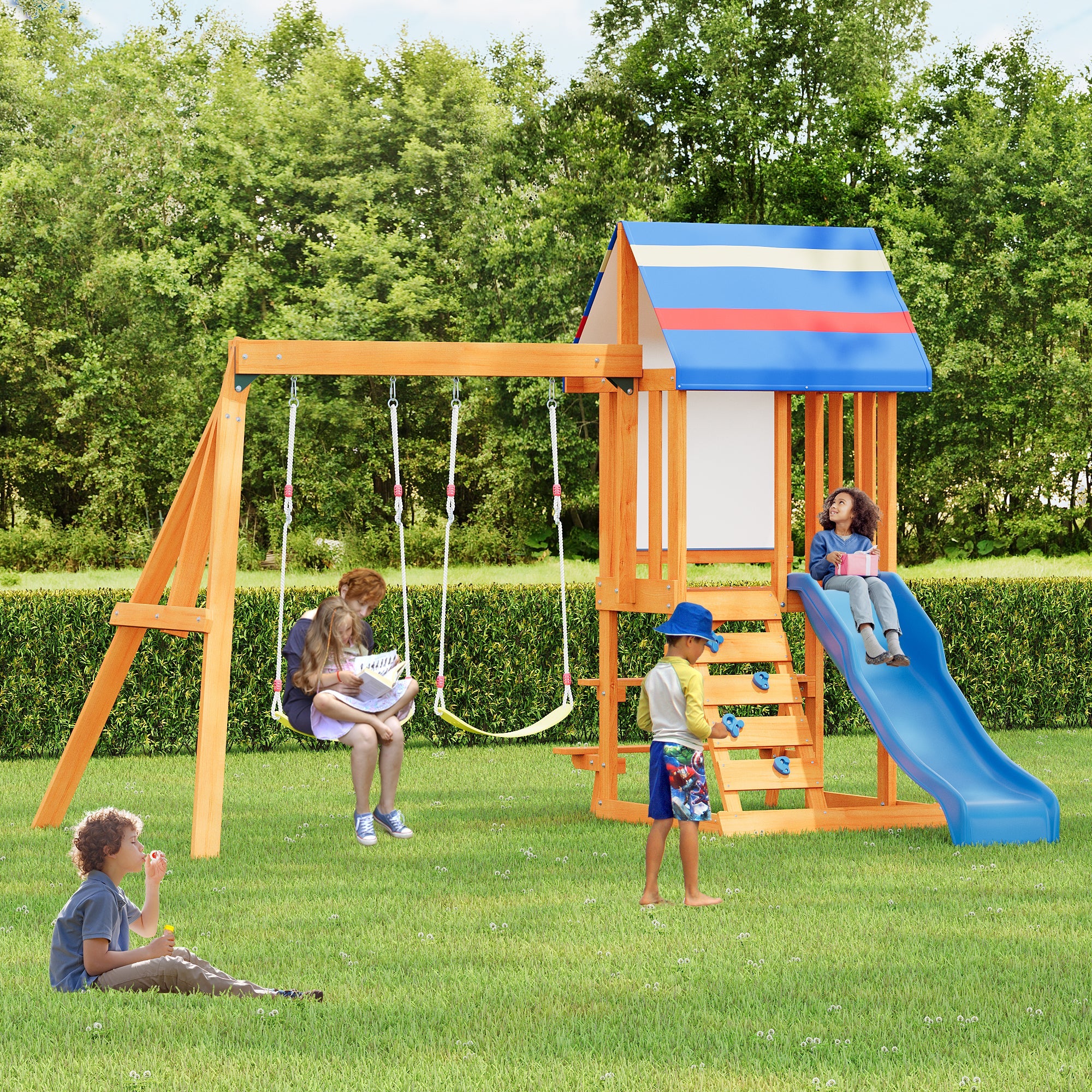 Wooden Outdoor Swing Set 3 in 1 Swing Set outdoor Children&amp;#39;s Playset with Slide , 2 Swings and Climber for Garden, Backyard and Playground, Blue