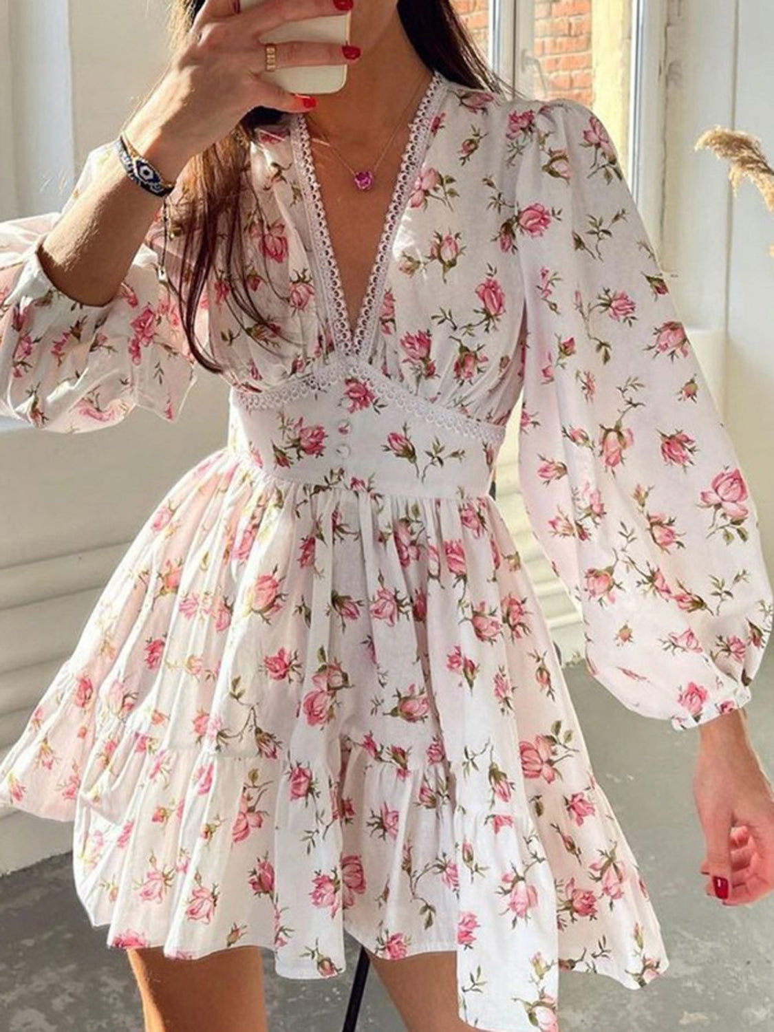 Whimsical Bloom V-Neck Lace Mini Dress