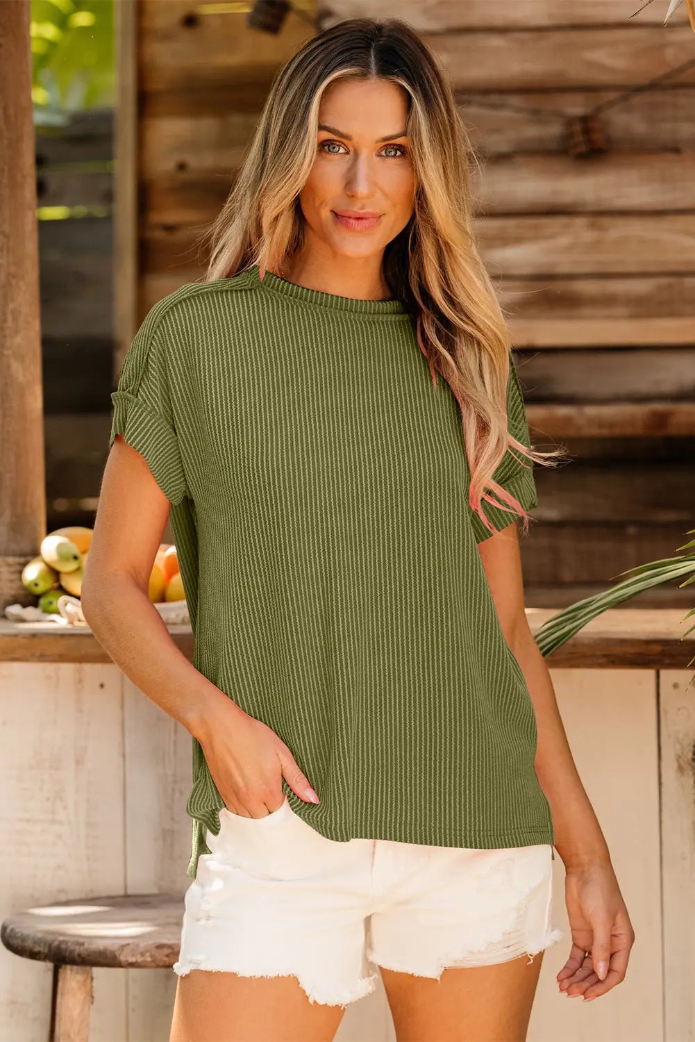 Love Salve Green Knit Tee Daily Wear Women&amp;#39;s T-Shirt Exposed Stitching Soft