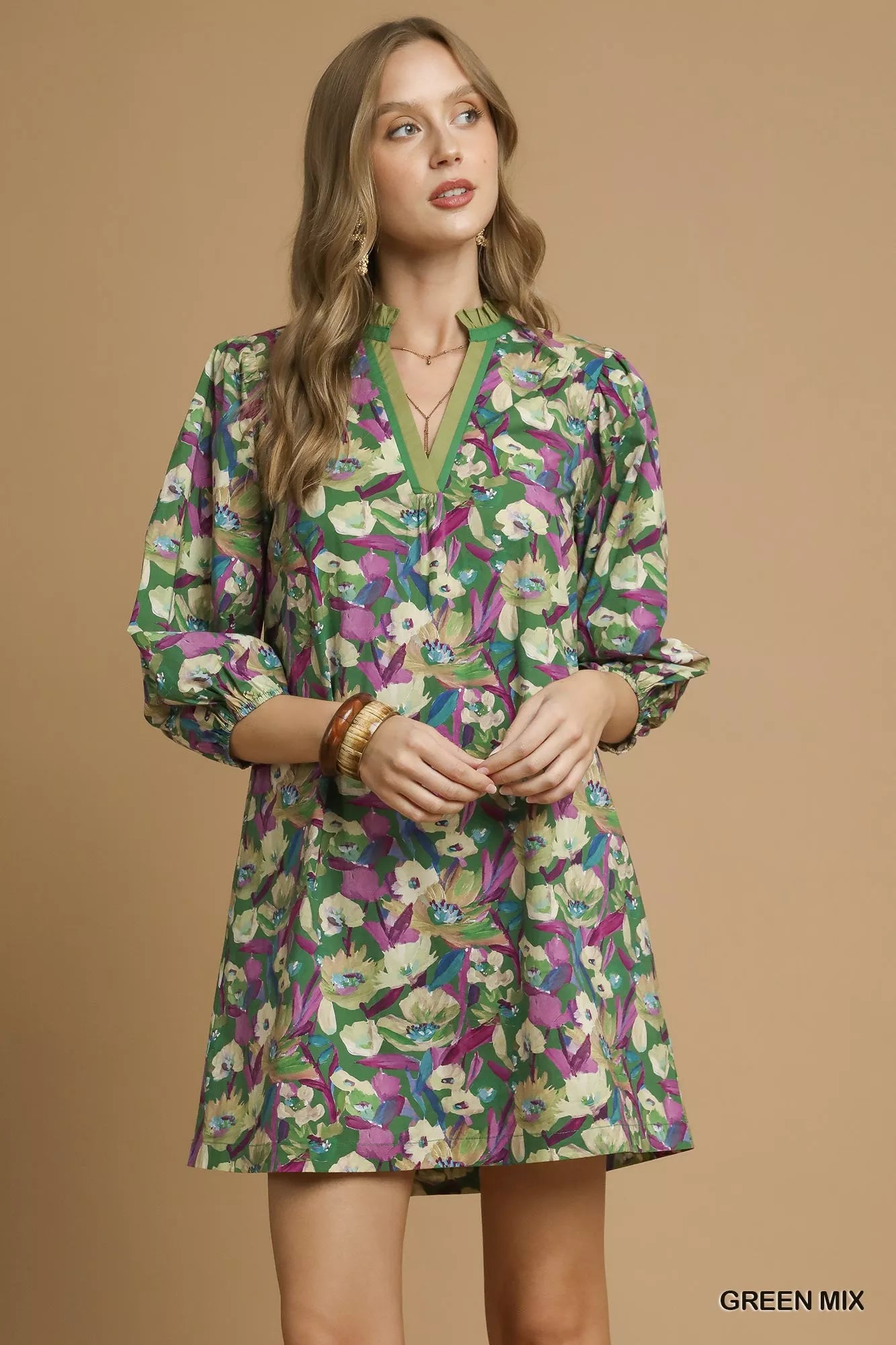 Umgee Boho Floral Balloon Sleeve Mini Dress