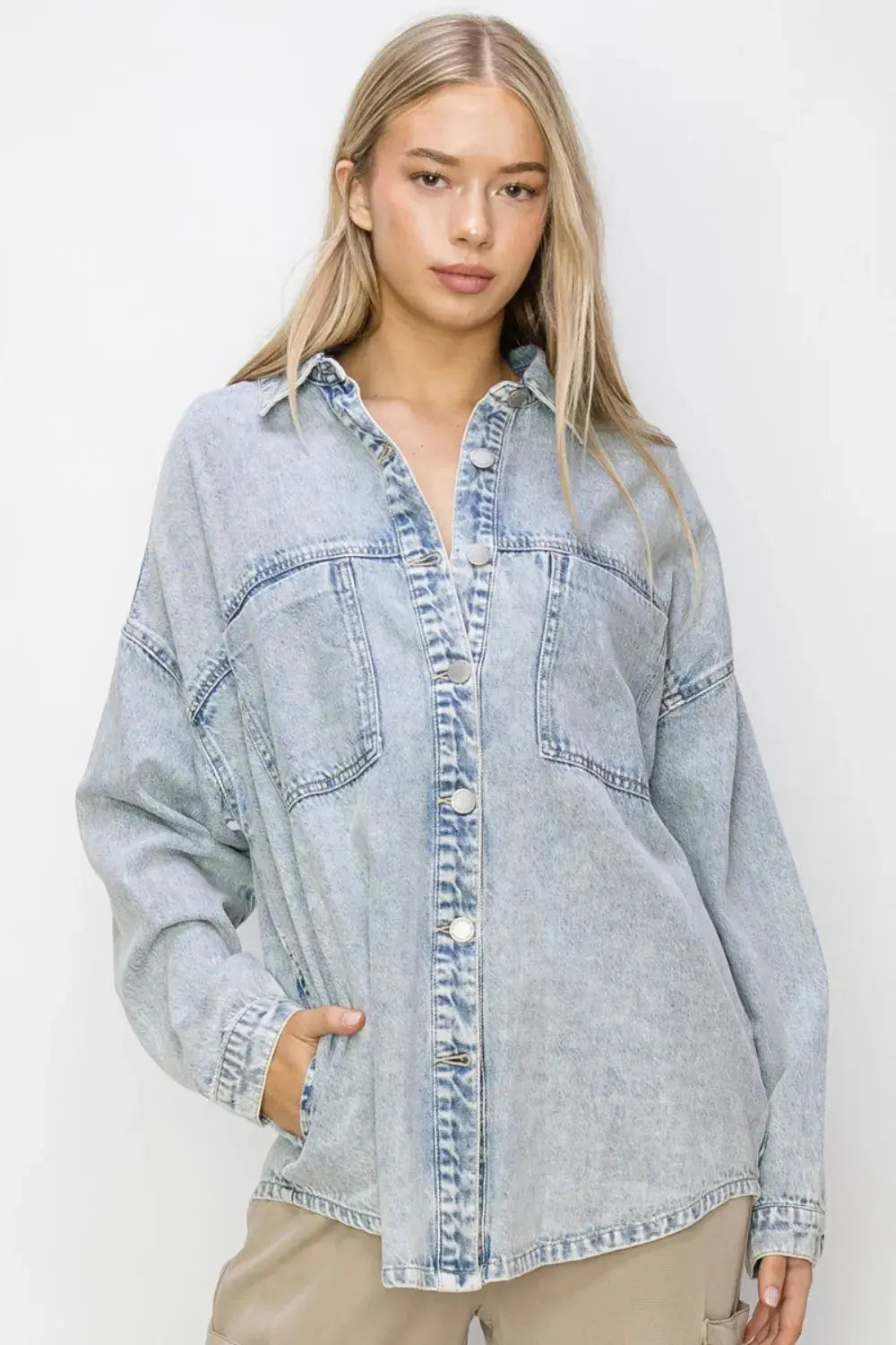 Risen Denim Shacket Women&amp;#39;s Casual Button Up Long Sleeve Top - USA Ship