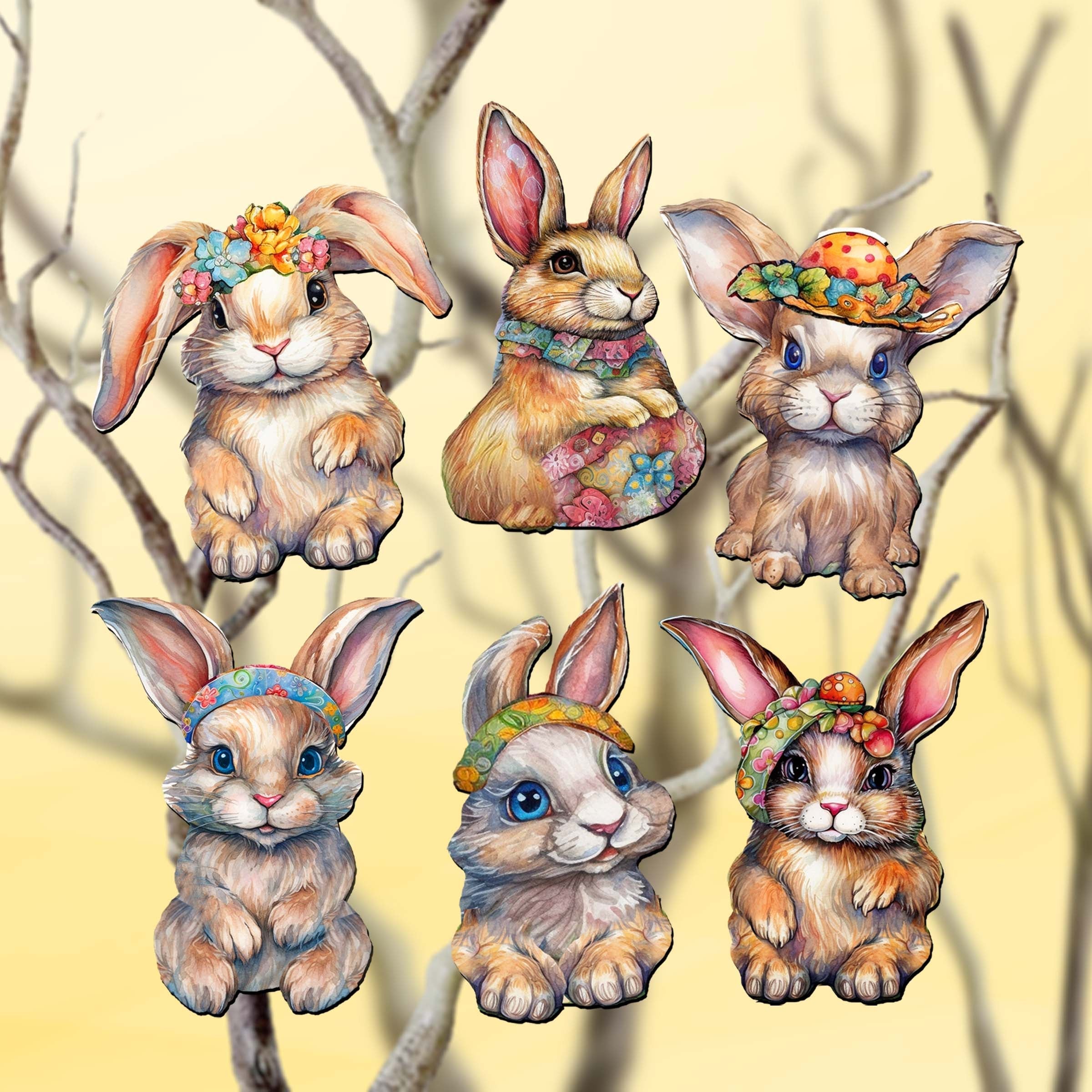 Easter Bunnies Clip-On Eco Wood Decorative Ornaments Set of 6 by G. Debrekht - Easter Decor - 8090042C-S6