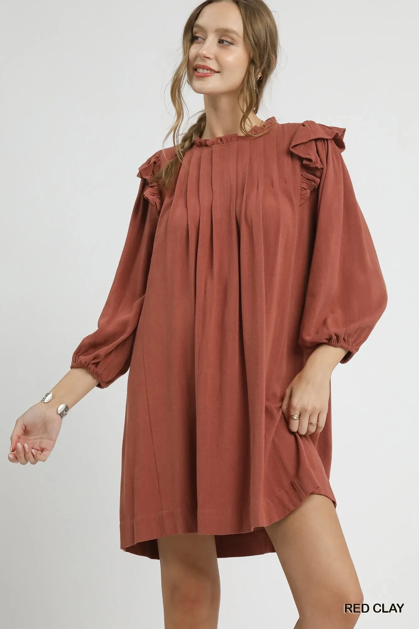 Umgee Linen Ruffle Shoulder Pleated Babydoll Dress