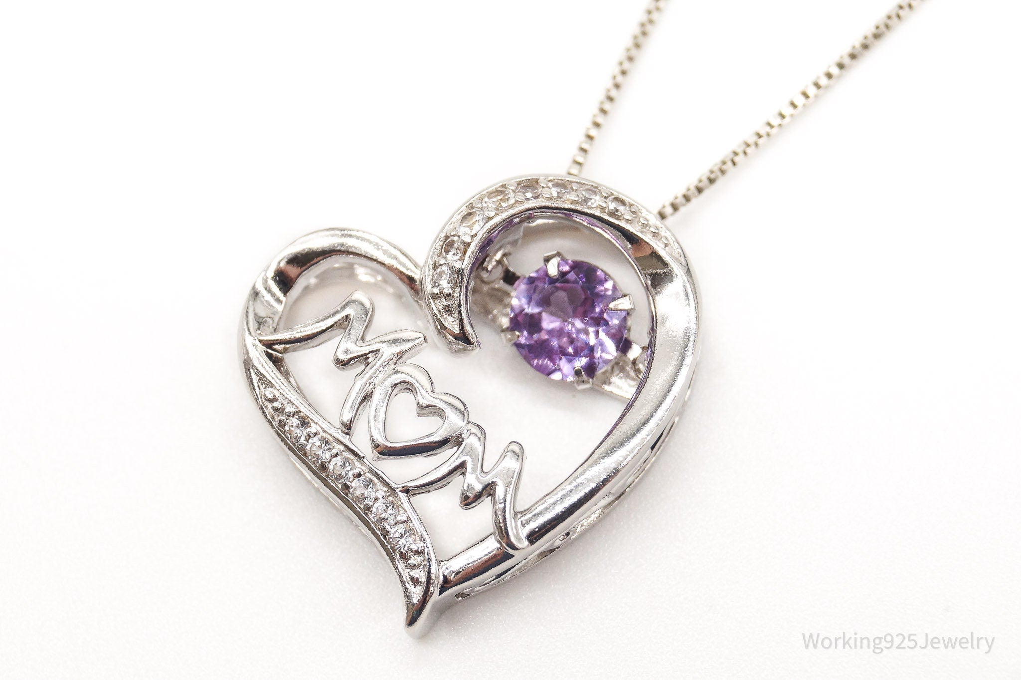 Vintage Designer SAI Amethyst Diamond Heart &amp;quot;Mom&amp;quot; Sterling Silver Necklace