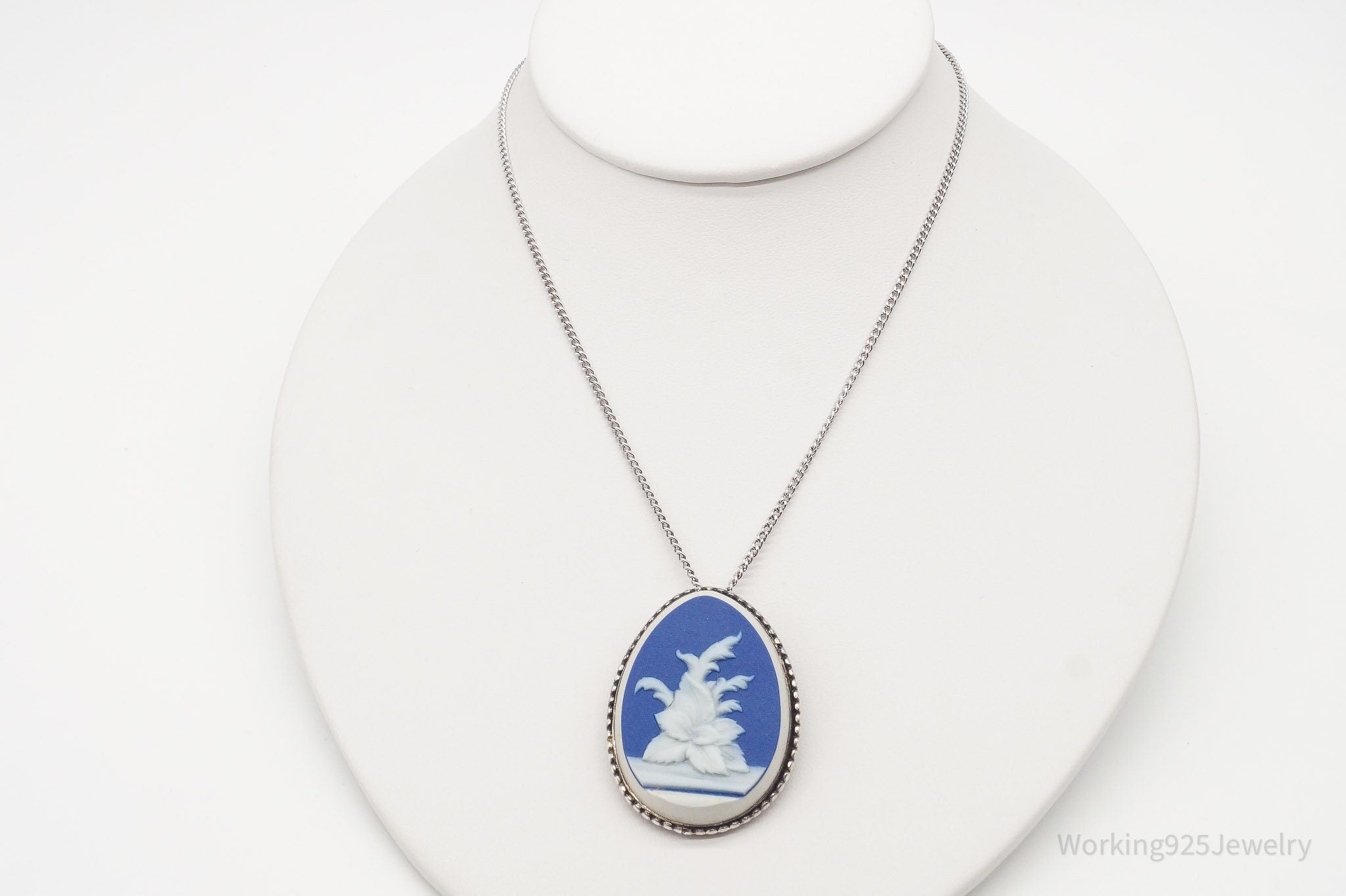 Vintage Carved Blue Agate Flower Sterling Silver Necklace 23&amp;quot;