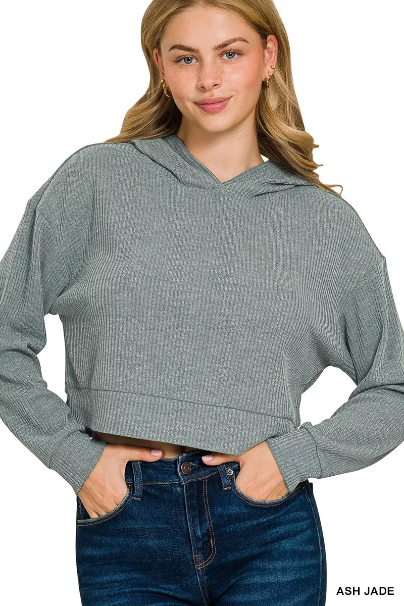 Zenana Drop Shoulder Ribbed Crop Hoodie