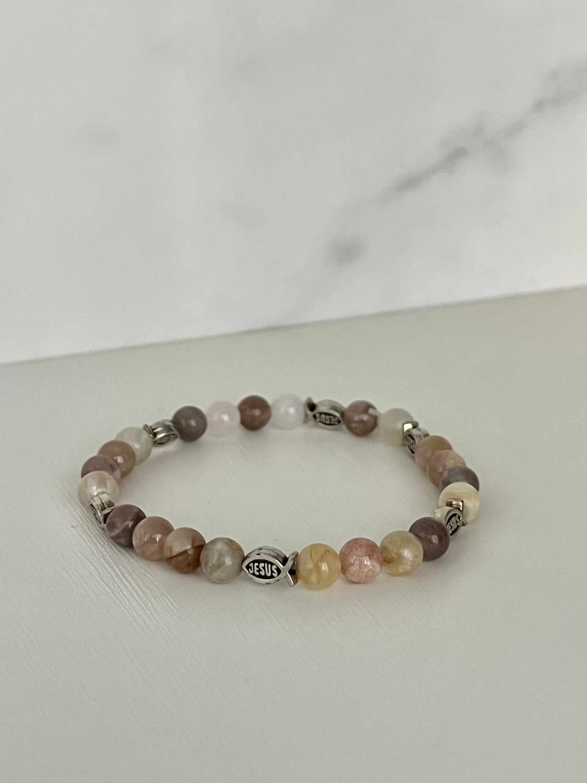 Bead Bracelet – Beige Rose Jesus Fish Faith Jewelry