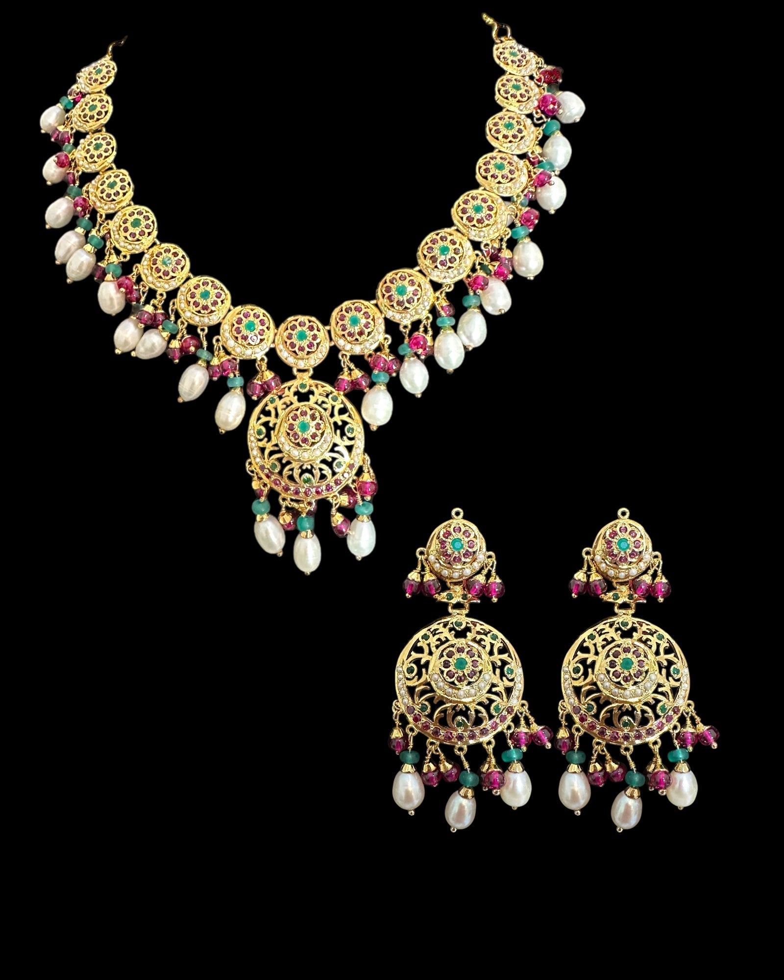 SN20 Ruby emerald pearl necklace with earrings|92.5silver gold plated ( READY TO SHIP )