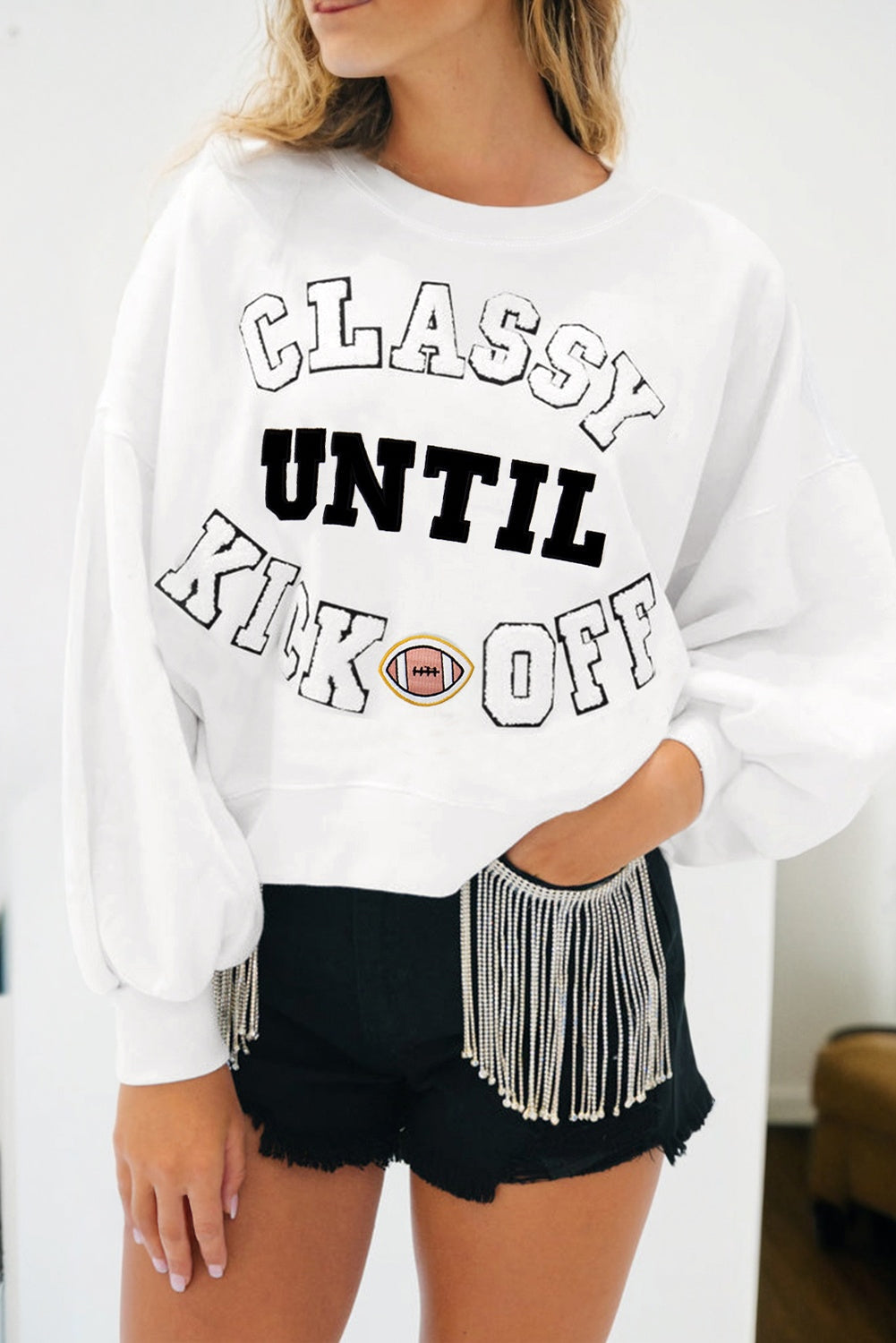CLASSY UNTIL KICKOFF Patch Game Day Sweatshirt
