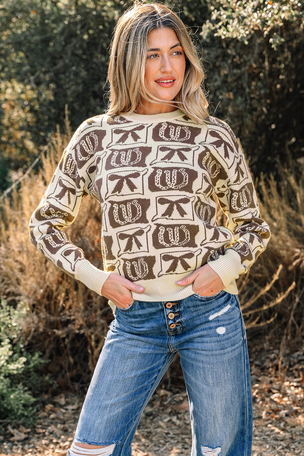Western Bows &amp;amp; Horseshoes Long Sleeve Sweater