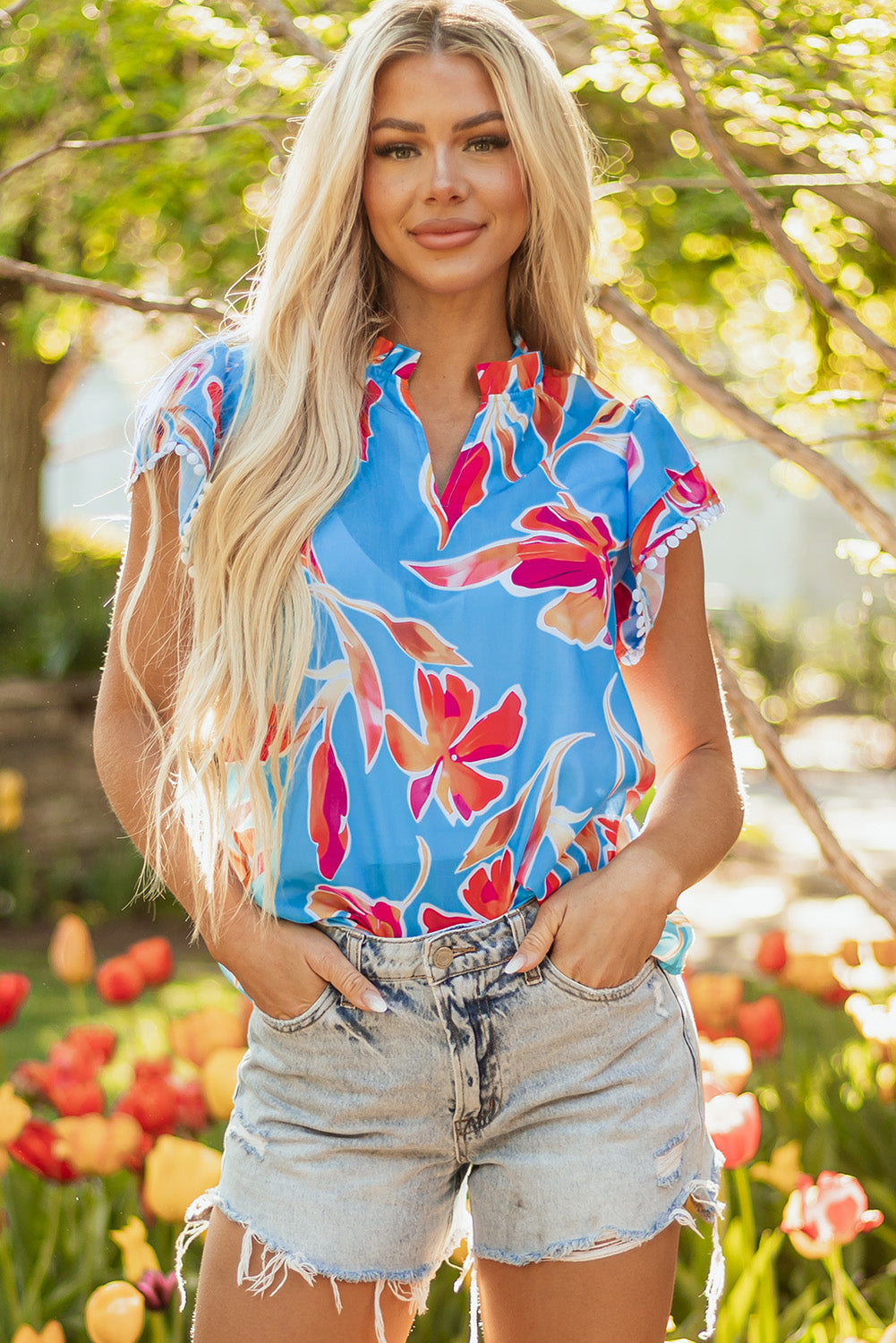 Vada Floral Pompom Trim Flutter Sleeve Blouse