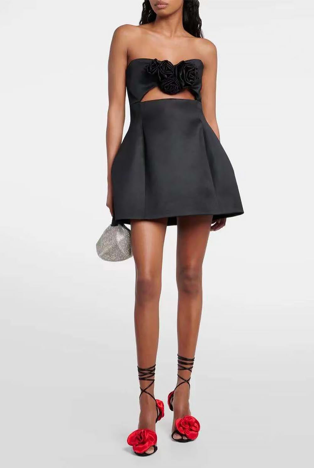 3D Floral Embellished Sexy Strapless Backless Mini Dress - Black | ZAKAPOP