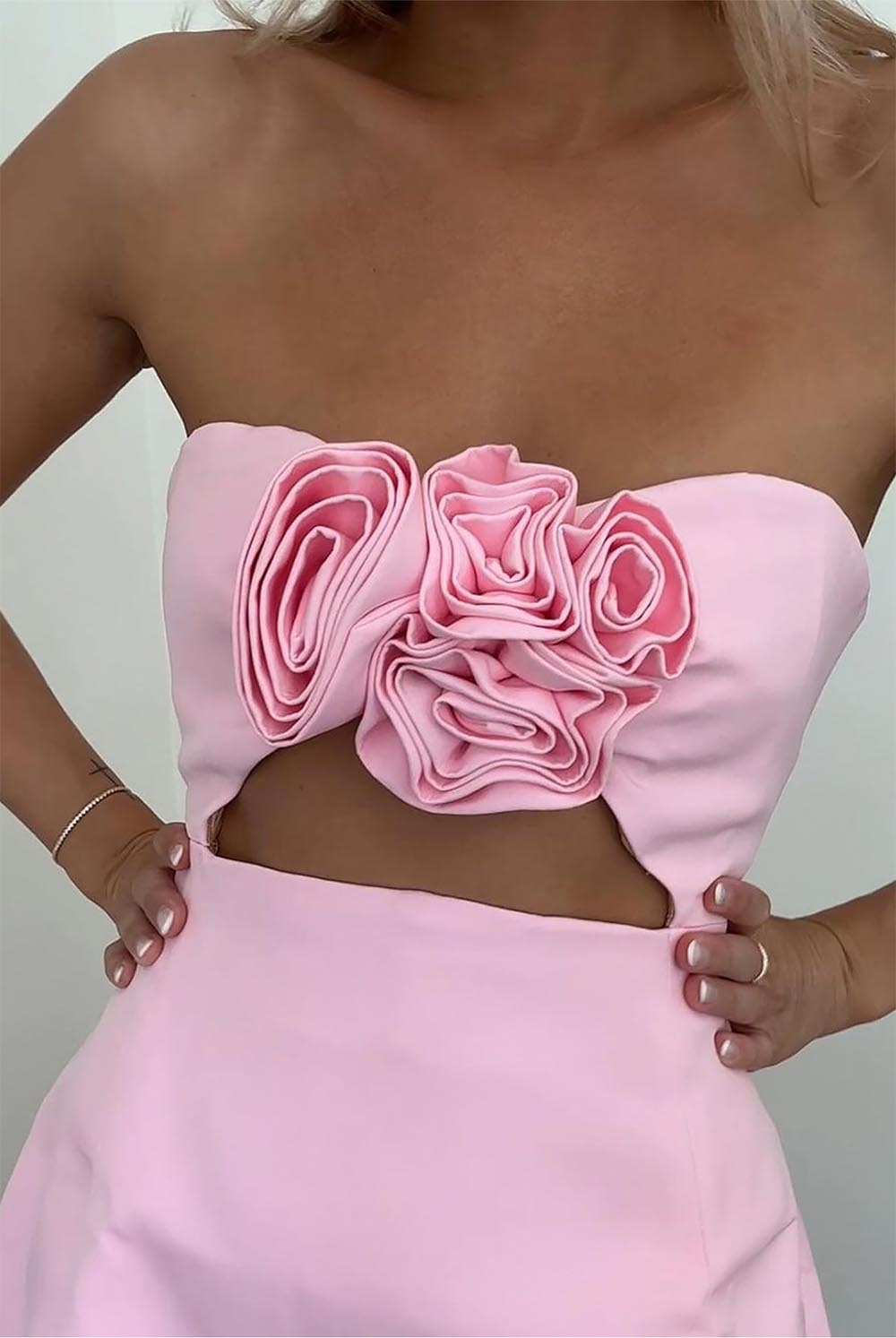 3D Floral Embellished Sexy Strapless Backless Mini Dress - Pink | ZAKAPOP