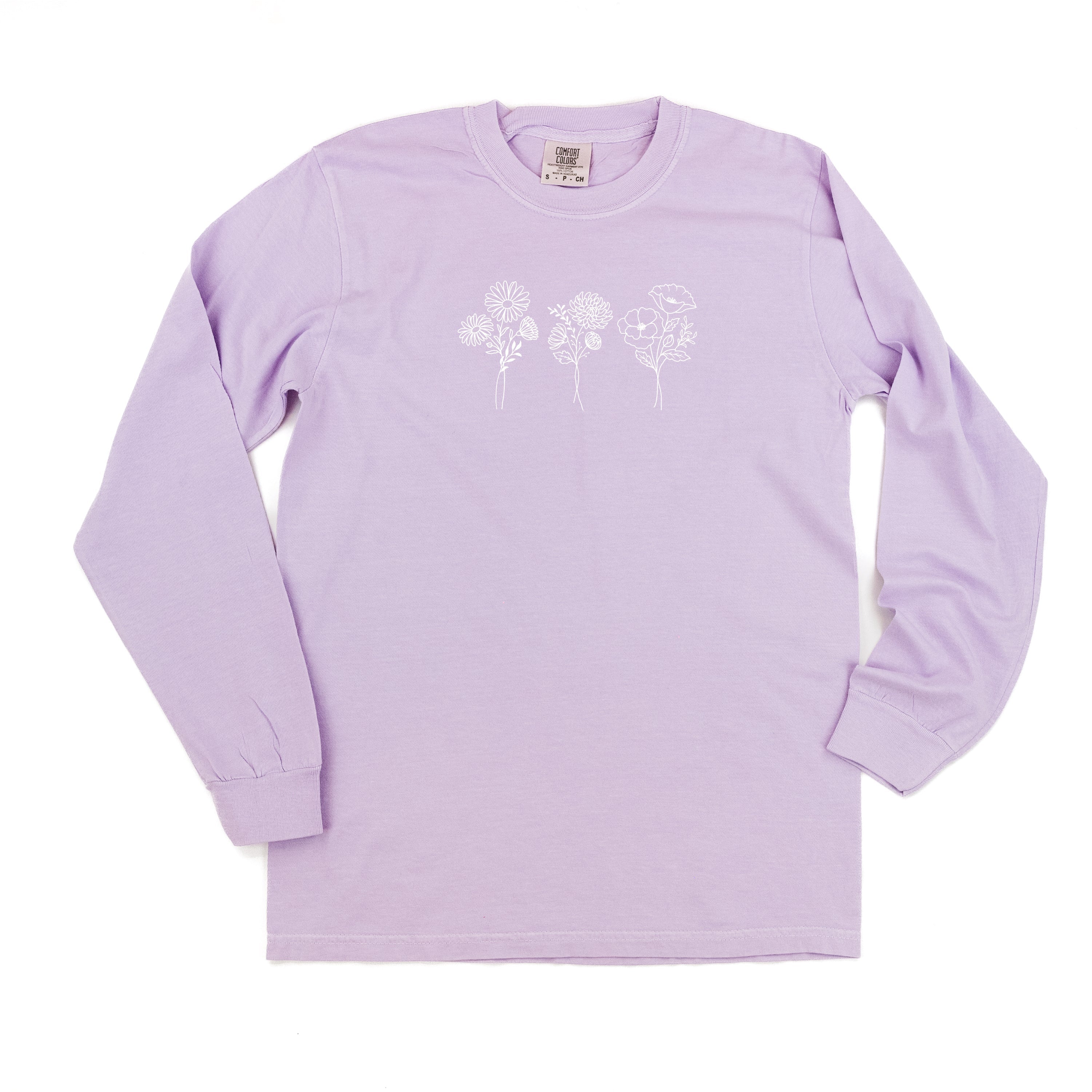 Embroidered LONG SLEEVE Comfort Colors Tee - 3 Birth Flower w/ White Thread (center)