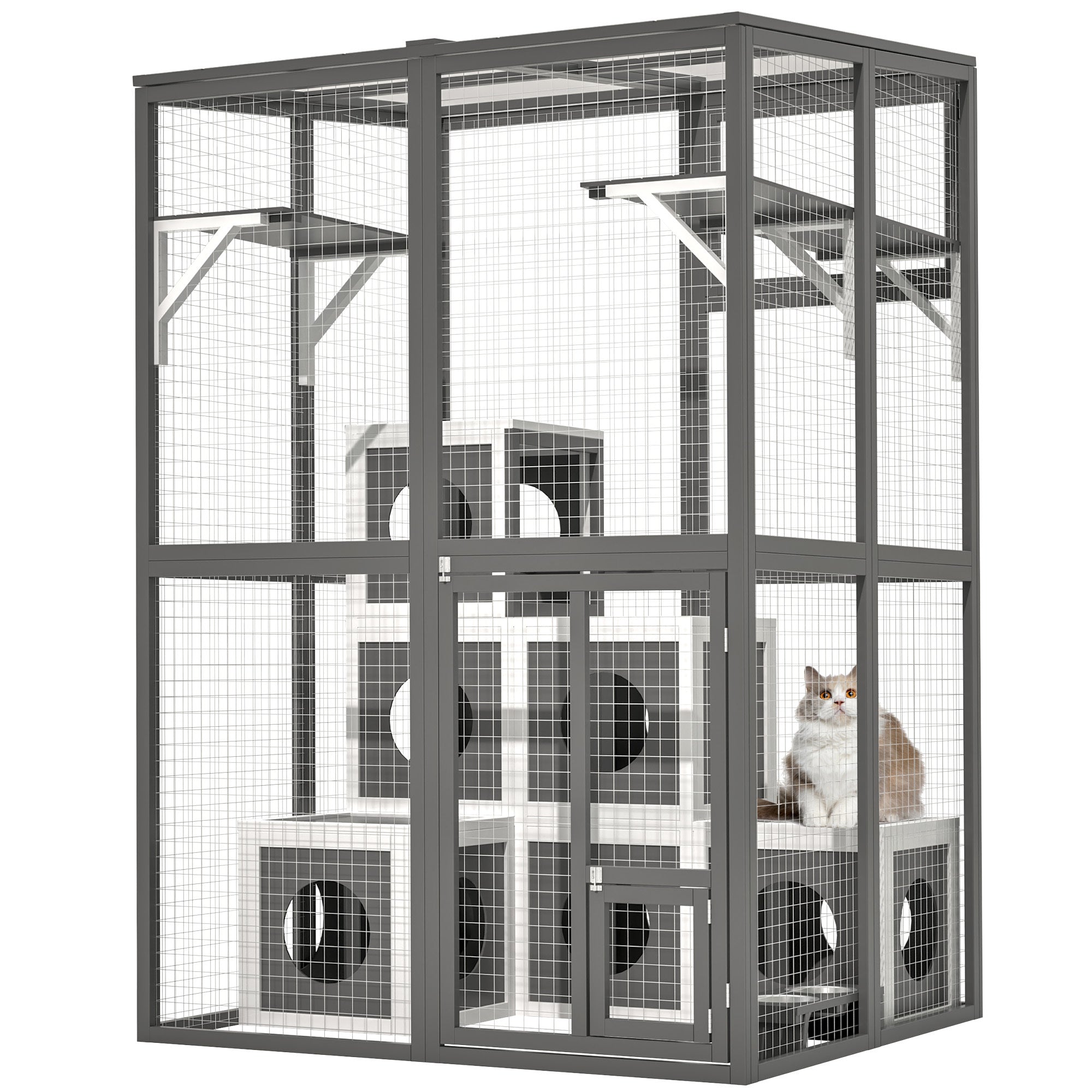 Outdoor Wooden Cat Catio - Large Solid Wood Cat Cage Playpen with 2 Jumping Platforms &amp;amp; 7 Napping Houses, Walk-in Cat Kennel Condo Shelter, Grey