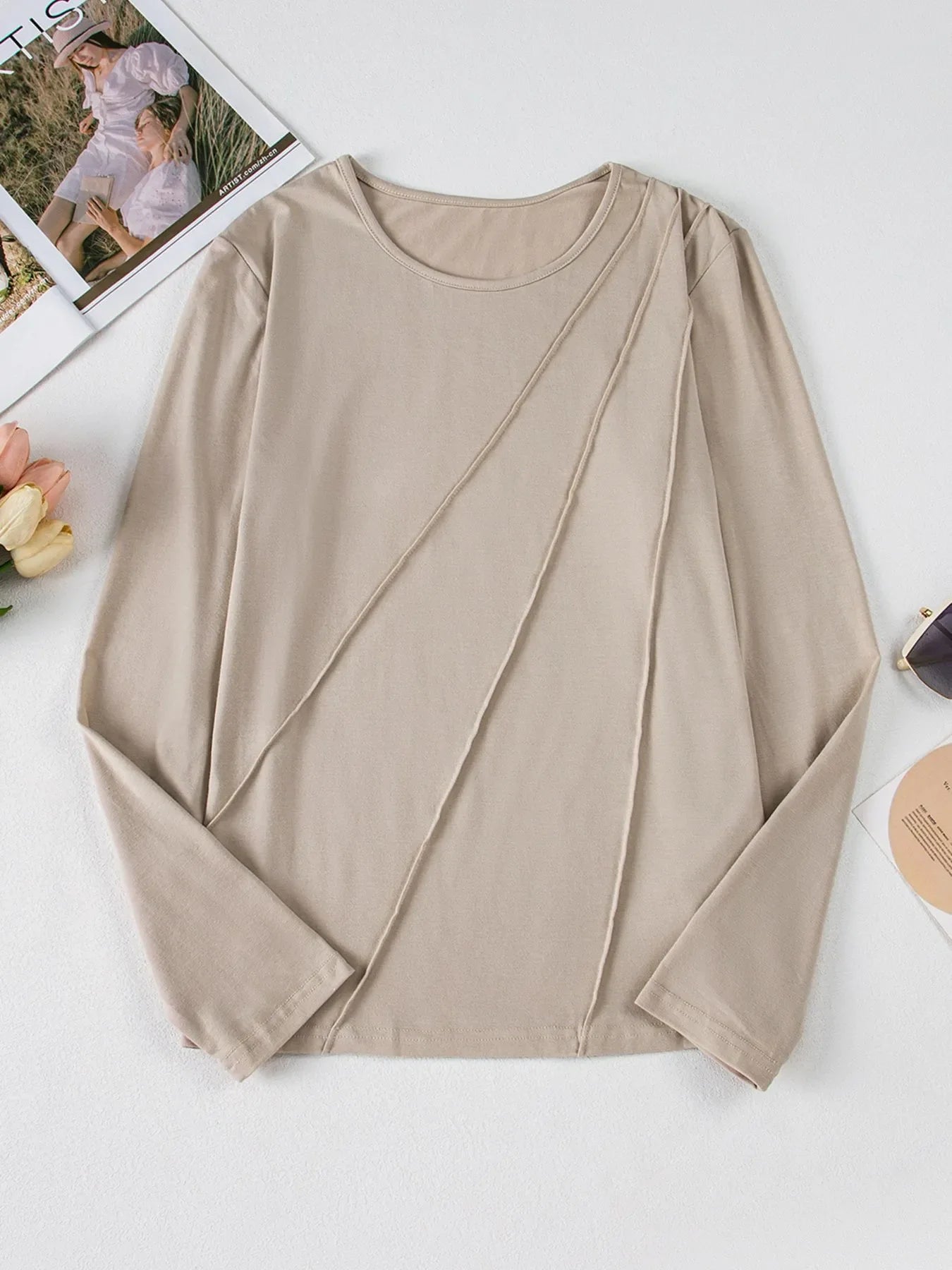 Asymmetric Seam Detail Long Sleeve Top for Women Casual