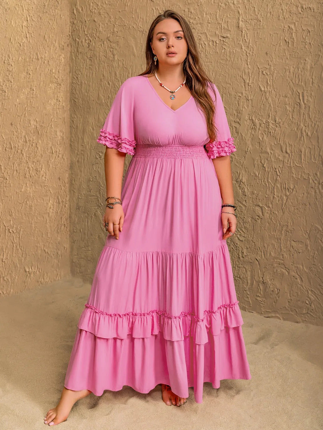 Pink Ruffle Charm Smocked Maxi Dress – Plus Size