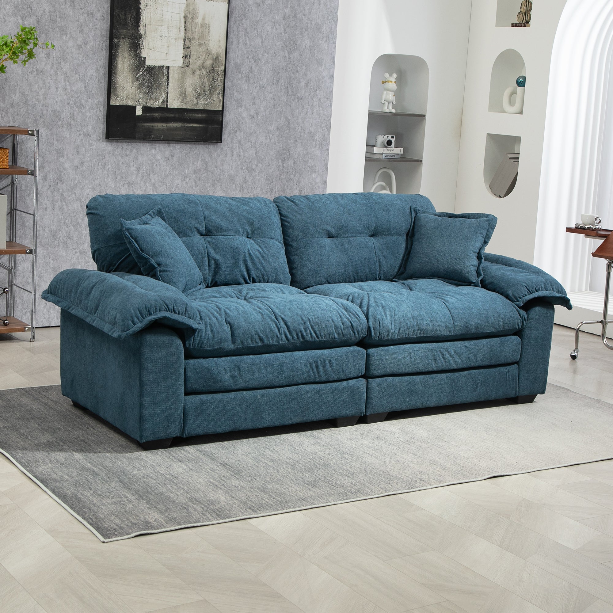 84&amp;#39; Chenille Sofa Small Sofa Loveseat Deep Seat Sofa Couch with 2 Throw Pillows &amp;amp; Memory Foam for Living Room Apartment Office Lounge-Blue