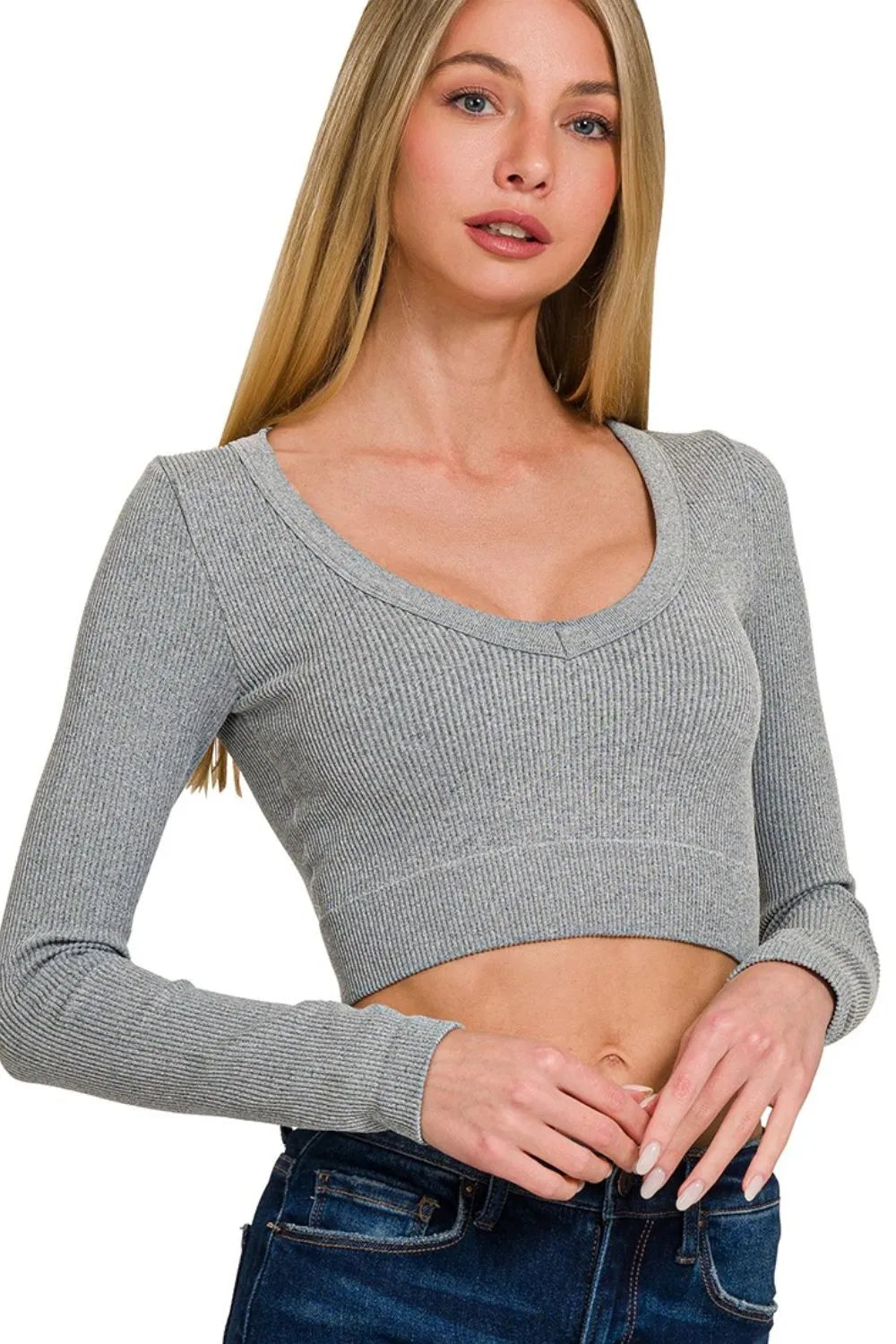 Zenana Seamless Fitted Rib V-neck Long Sleeve Crop Top