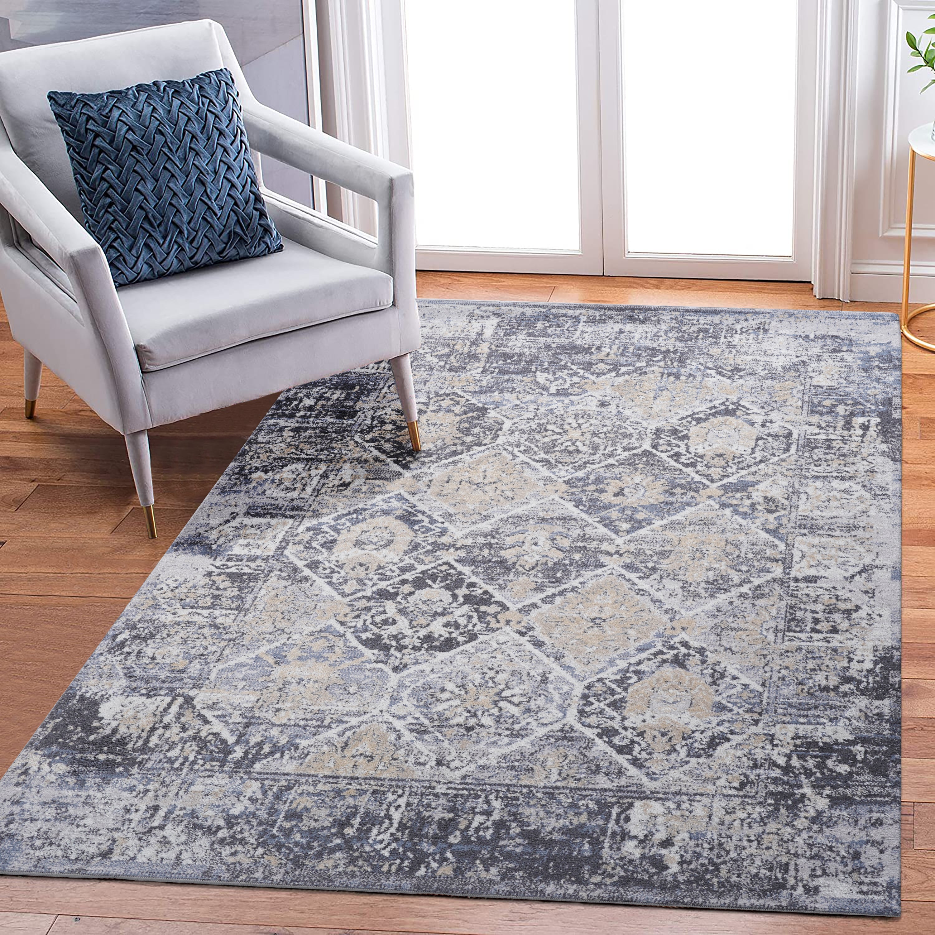 NAAR PAYAS Collection 5X7 Grey / Blue / Traditional Area Rug