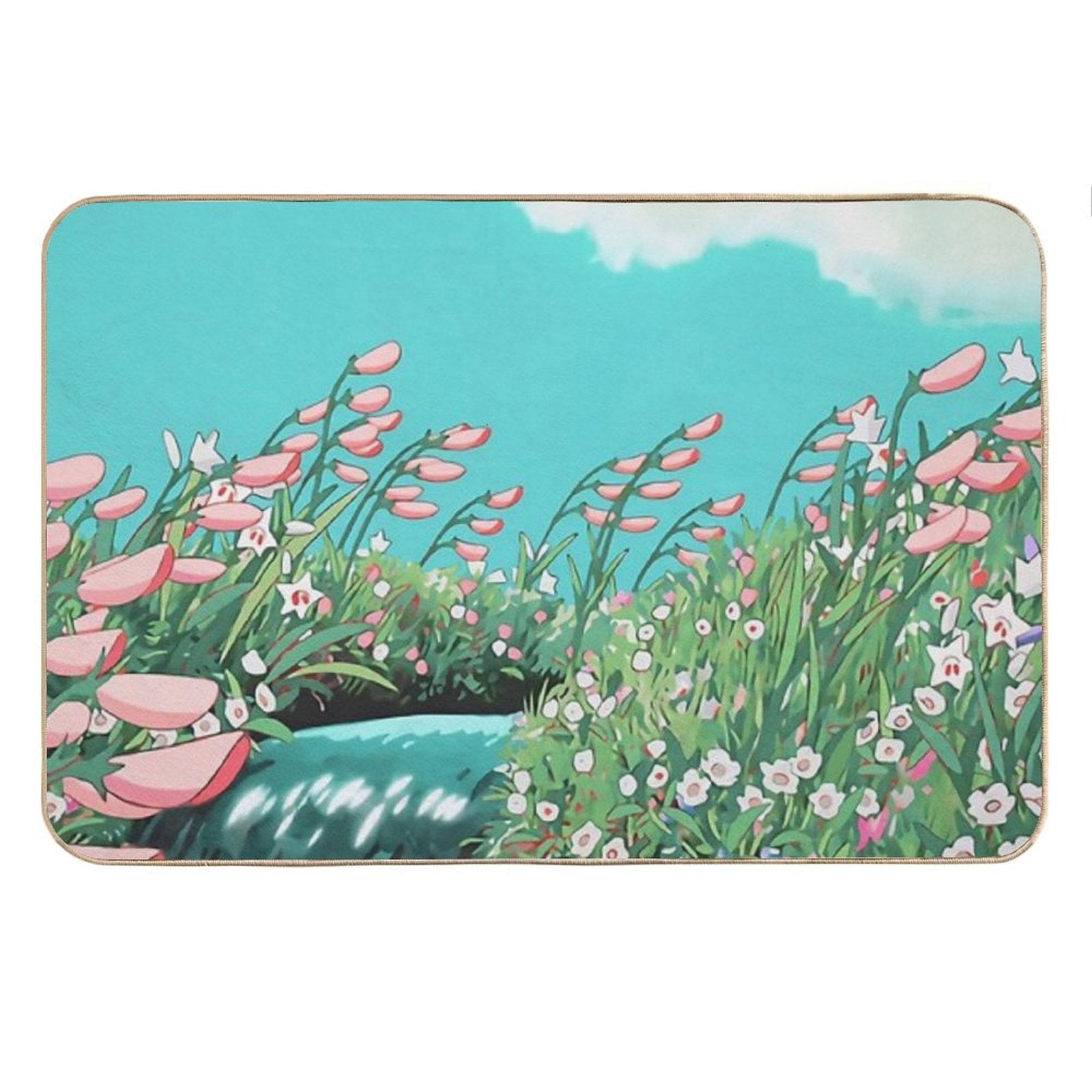 Anime Flowers in The River Scenery Bath Mat