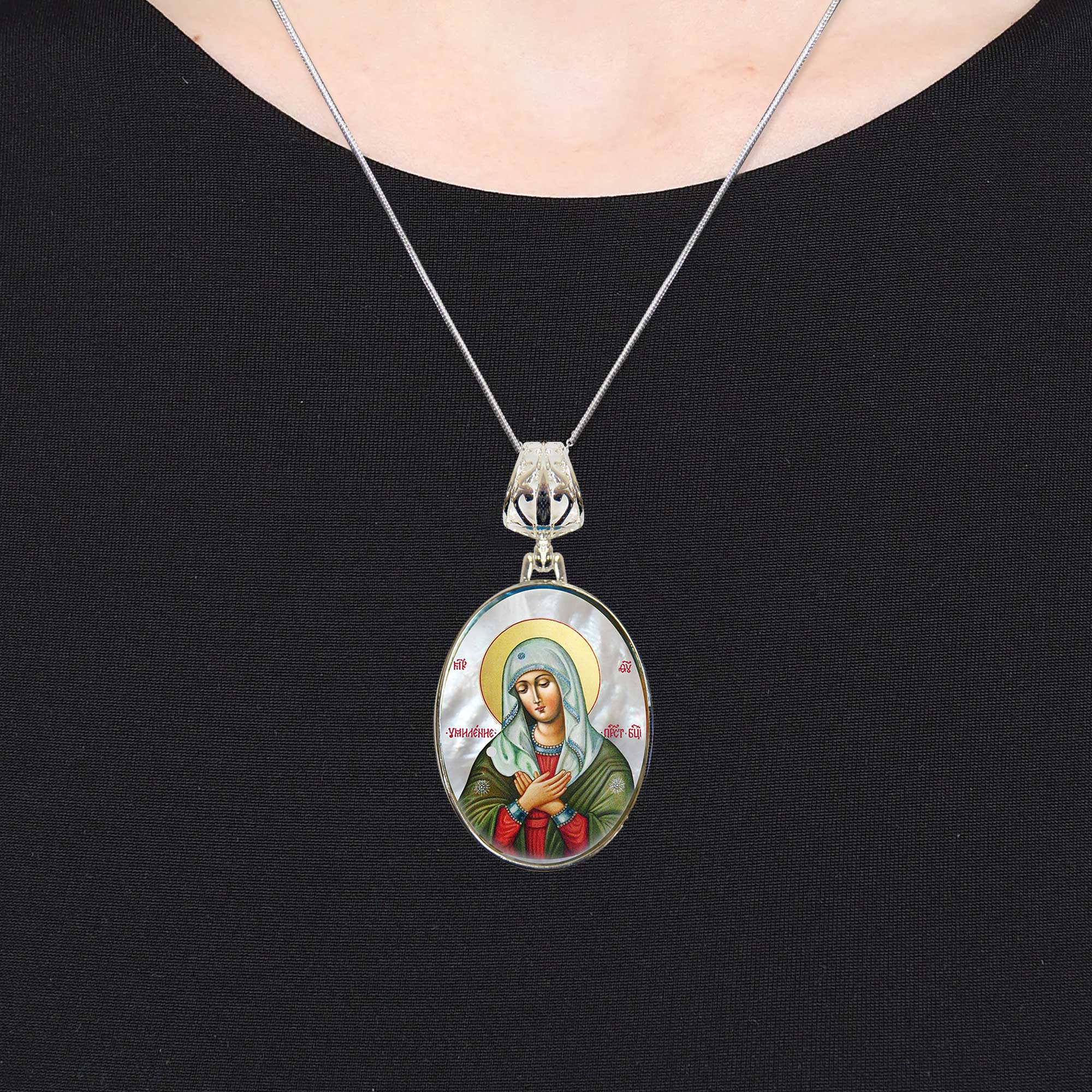 Mother of God Tenderness Silver Plated Mother of Pearl Necklace Jewelry - 43012