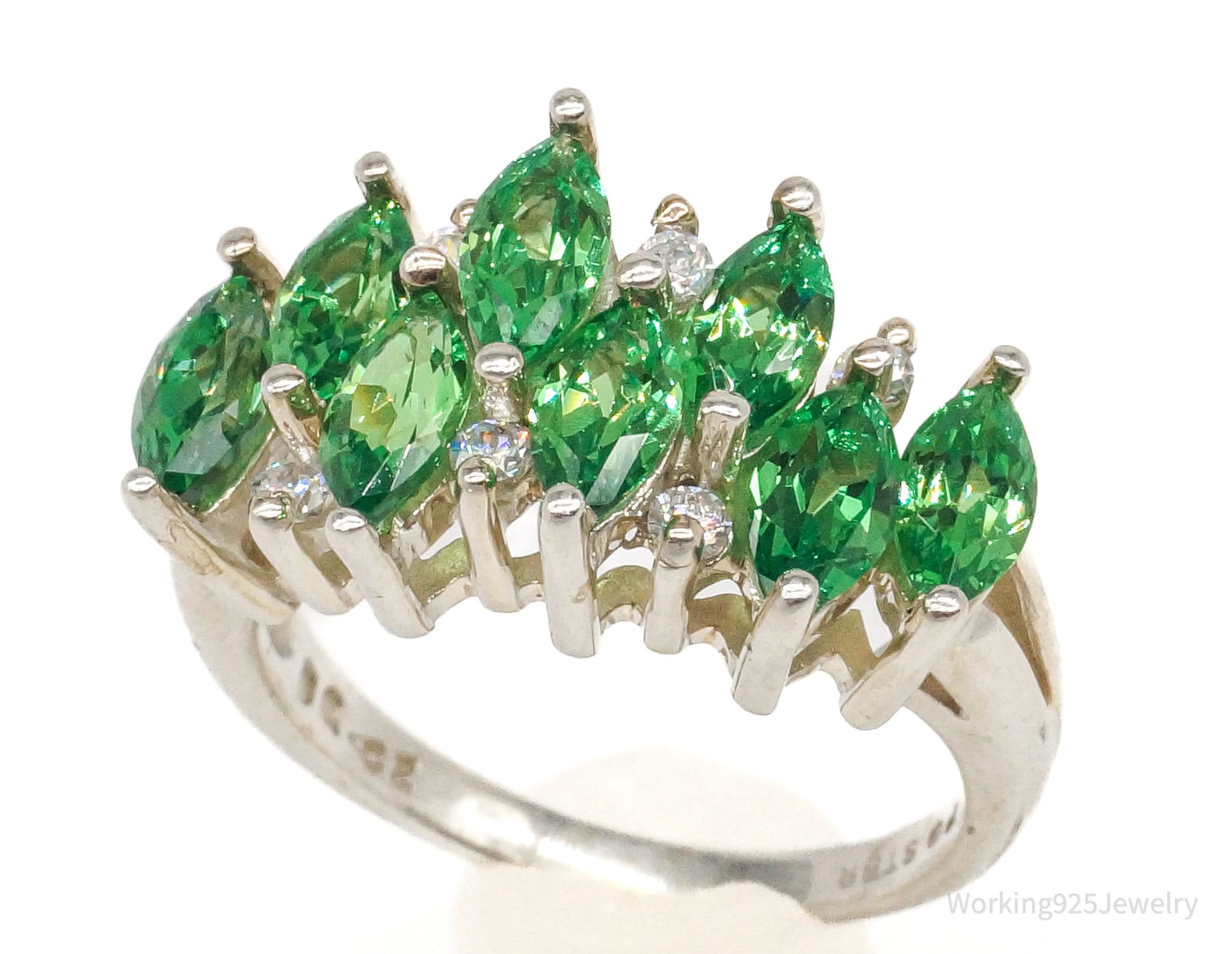 Vintage Green &amp;amp; White Cubic Zirconia Sterling Silver Ring - Size 5