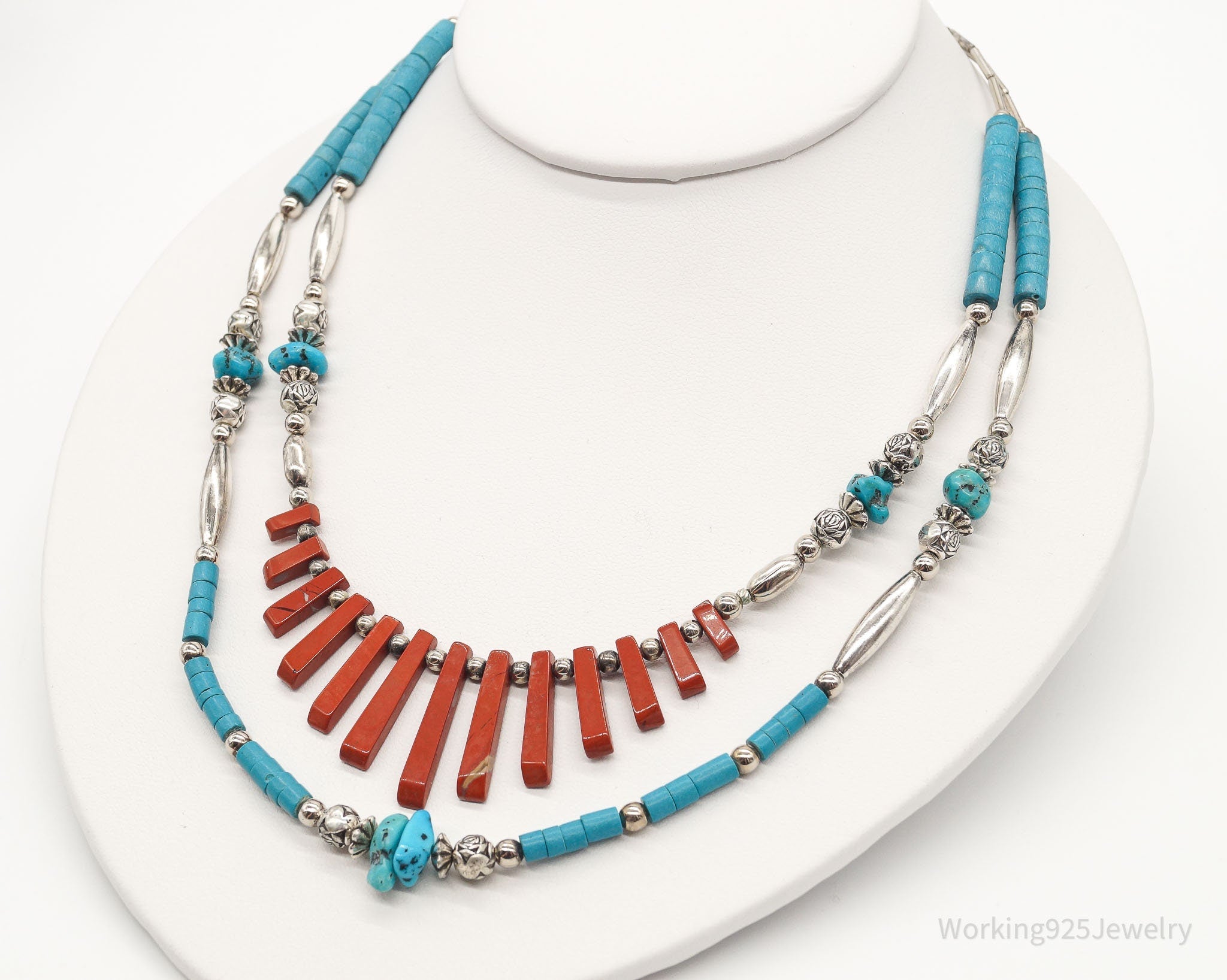 Vintage Native American Red Jasper Blue Turquoise Silver Bead Necklace 24&amp;quot;