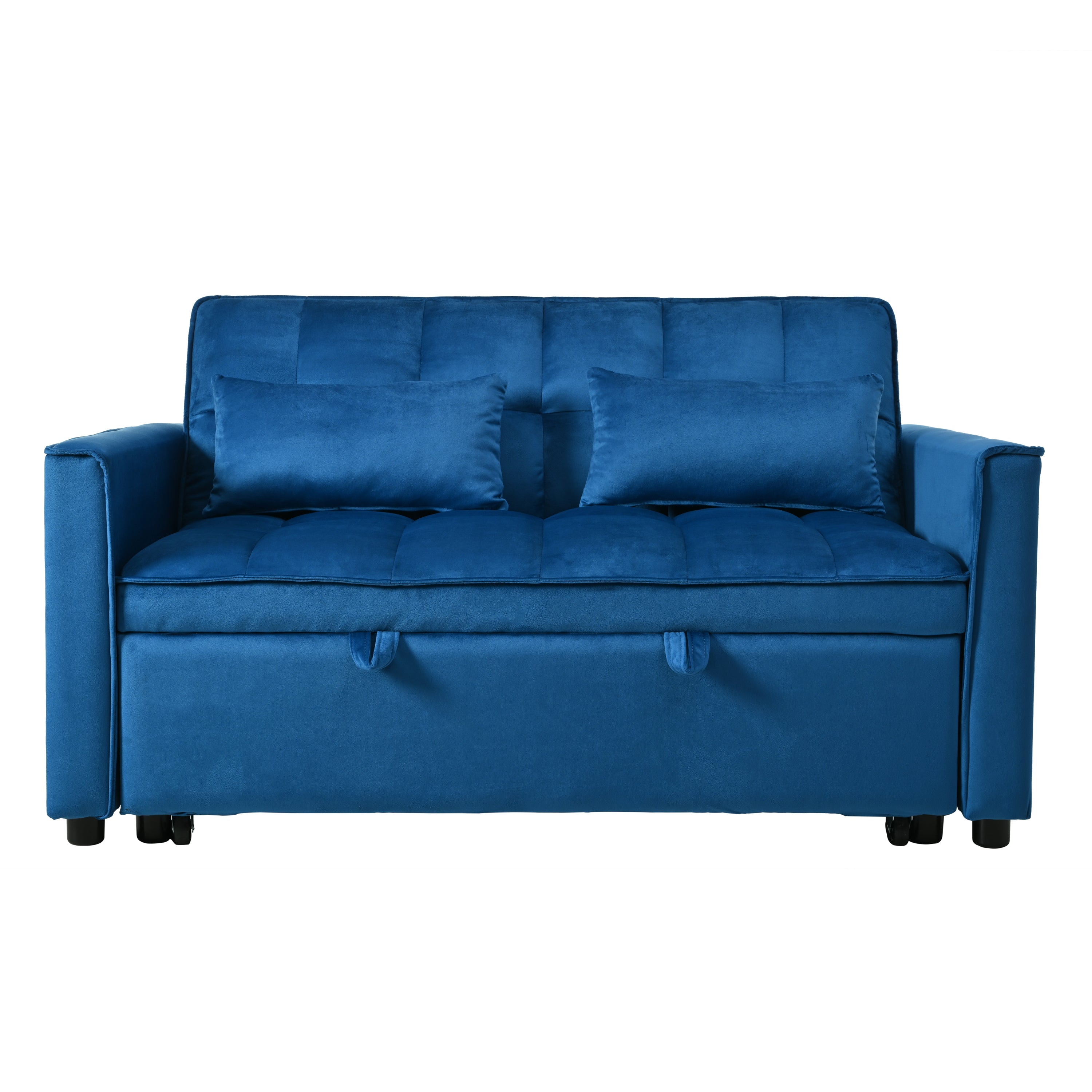 3-in-1 Convertible Sofa Bed with Reclining Backrest and Pillows in Blue Velvet, Wood and Metal Frame