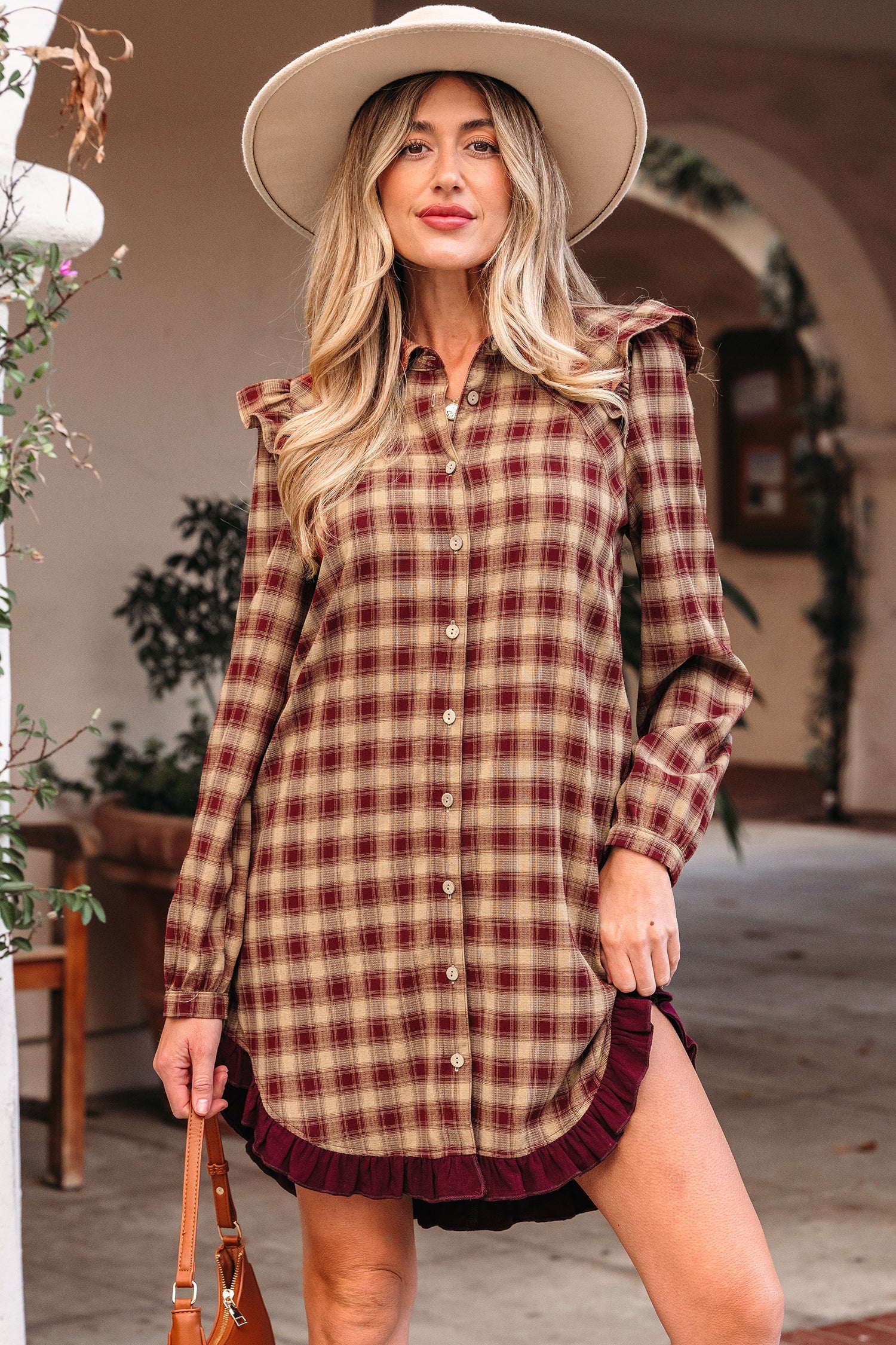 Plaid Patchwork Ruffle Hem Long Sleeve Mini Dress