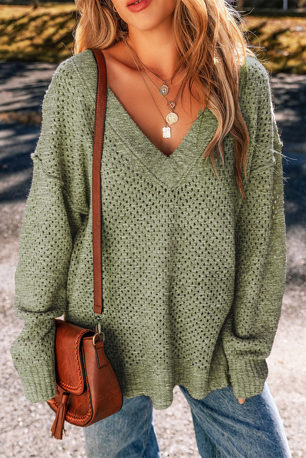 Solid Eyelet V-Neck Drop Shoulder Sweater