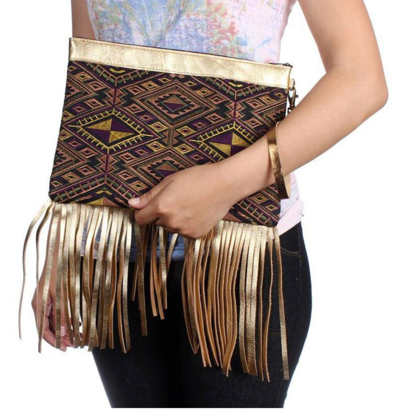 Metallic Leather &amp;amp; Embroidery Wristlet iPad | Tablet Bag - Thailand