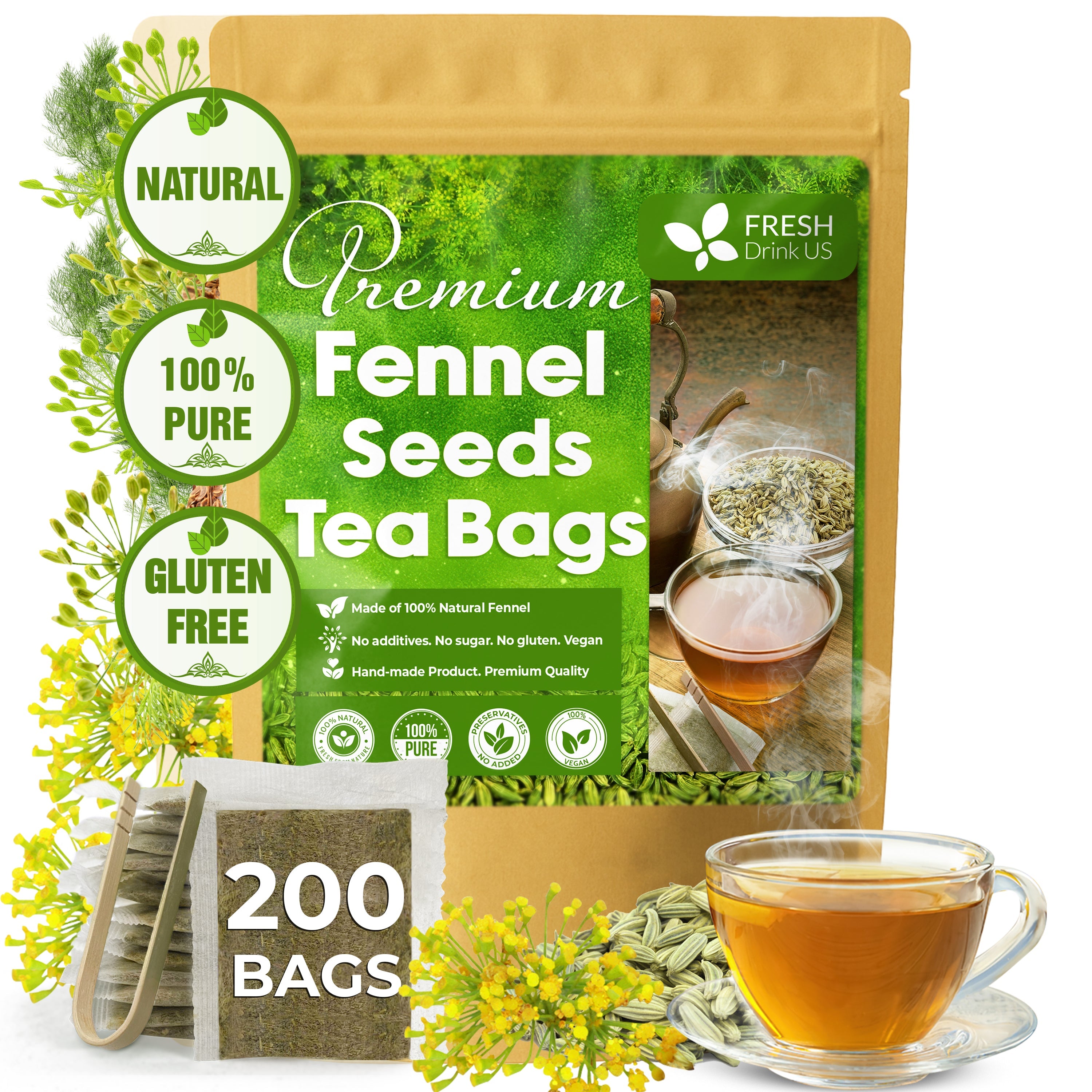 Premium Fennel Tea Bags, 100% Natural &amp; Pure from Fennel Seeds. Fennel Seed Herbal Tea. Fennel Seed Tea. Made with Natural Material Tea Bags. No Sugar, No Caffeine, No Gluten, Vegan.