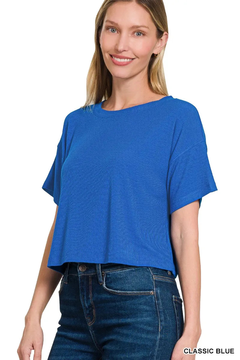 Zenana Ribbed Round-Neck Crop T-Shirt