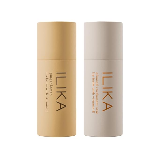 ILIKA Lip balm, Organic, 100% Plant-based, Natural Lip Treatment, COSMOS Certified Organic, PETA Certified Vegan &amp;amp; Cruelty-Free 2 Pack, Ginger Lemon &amp;amp; Almond Cardamom Rose
