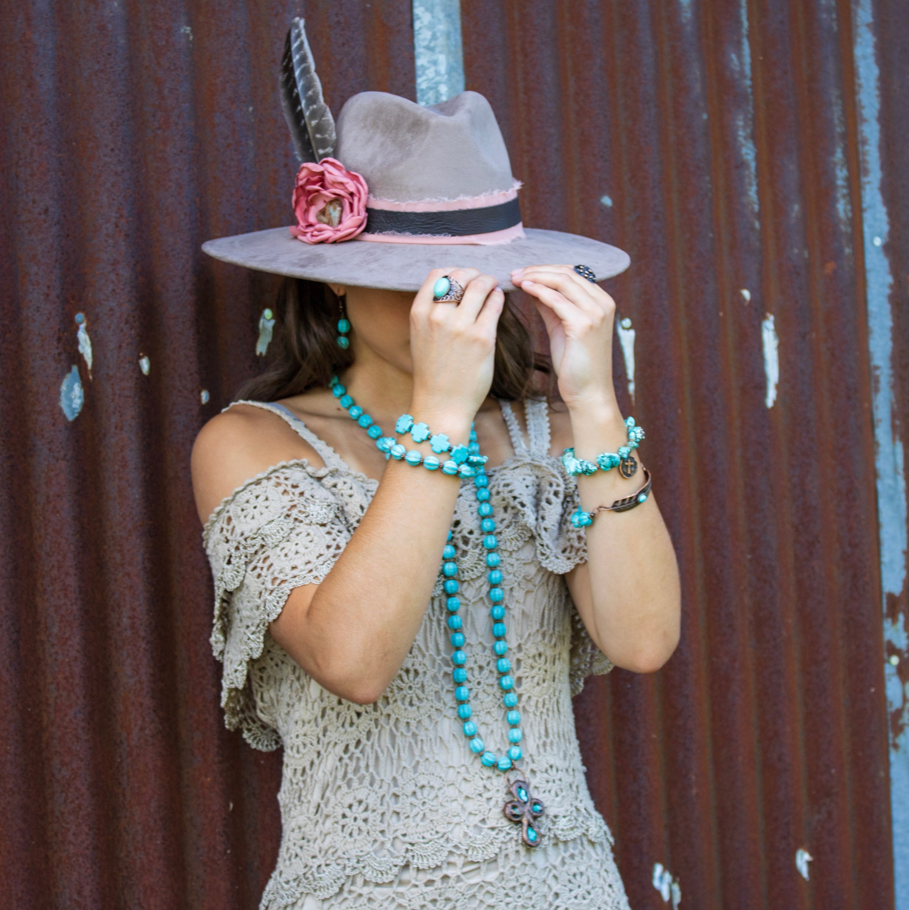 **Blue Turquoise Melon Beaded Necklace w/ Copper Cross 260g