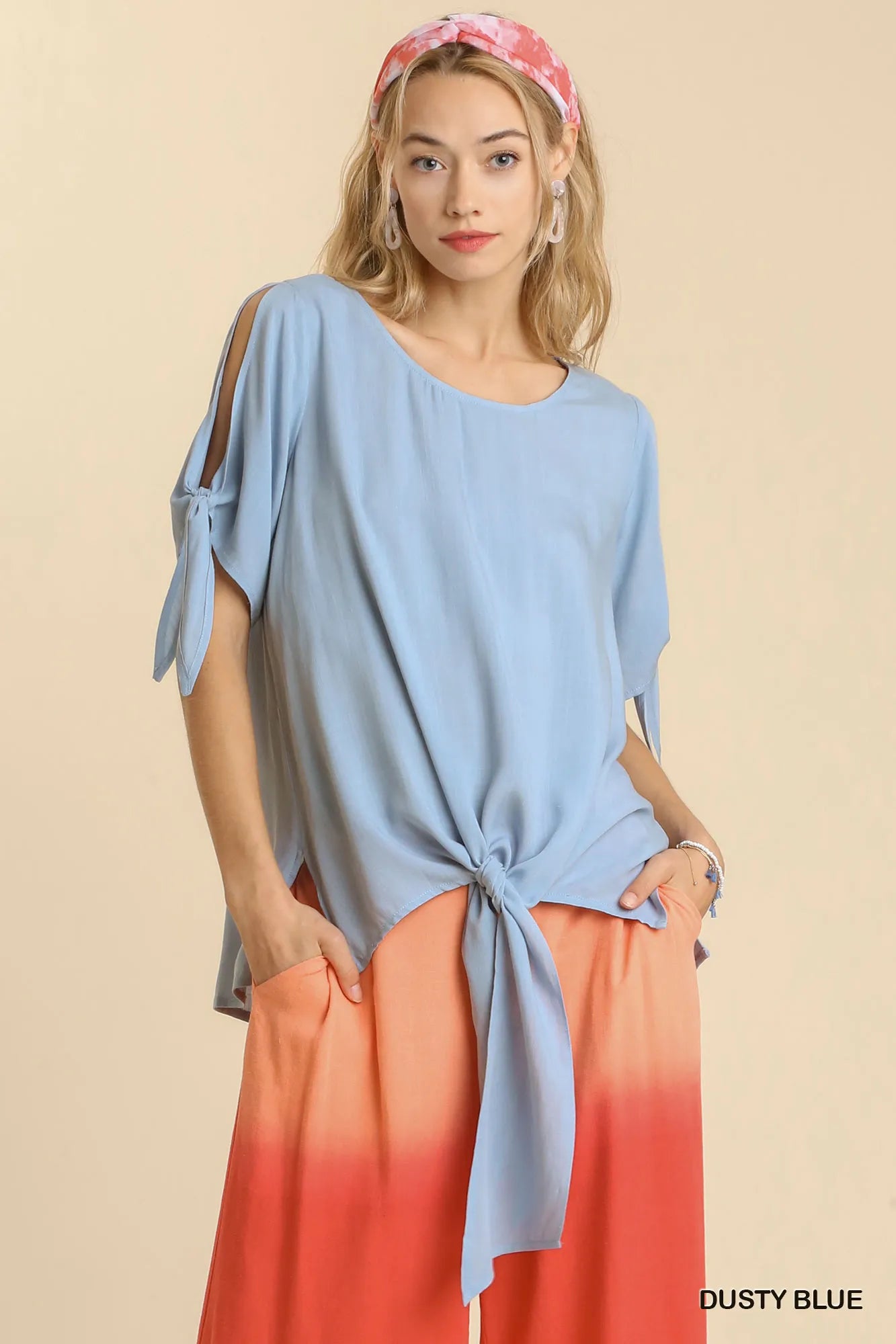 Umgee Cold Shoulder Short Sleeve Round Neck Top with Side Slits and Tie-able Knot Details