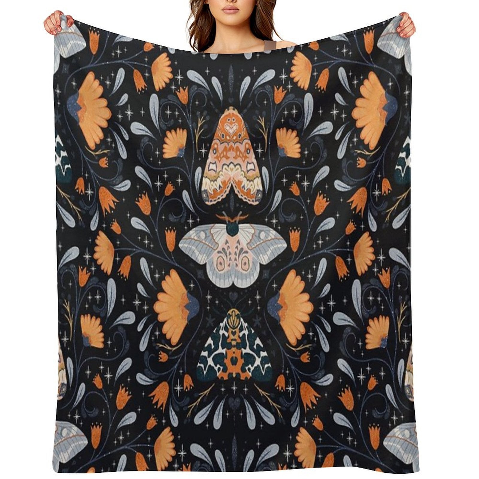 Floral Moths  Black Throw Blanket