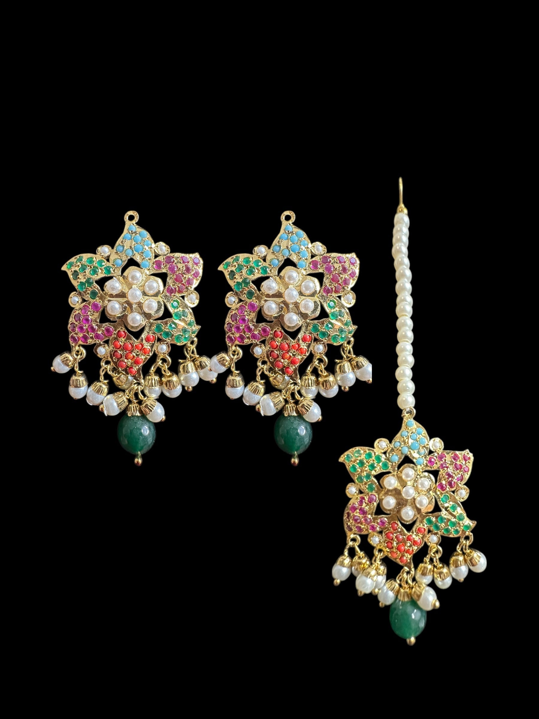 DJET68 Iza Jadau tops and tika set in pearls - Navratan  ( READY TO SHIP )t