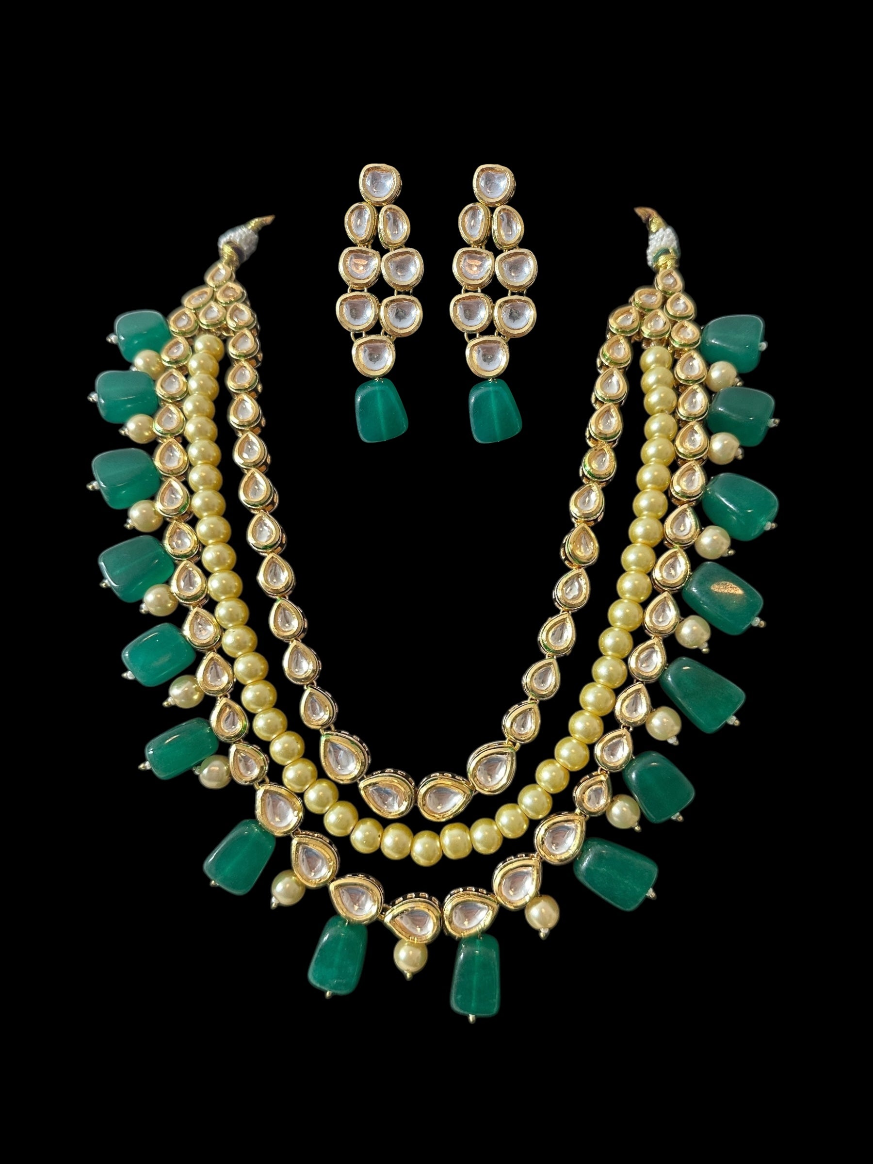 DNS199 Leila high quality ac kundan necklace with earrings in green ( READY TO SHIP  )
