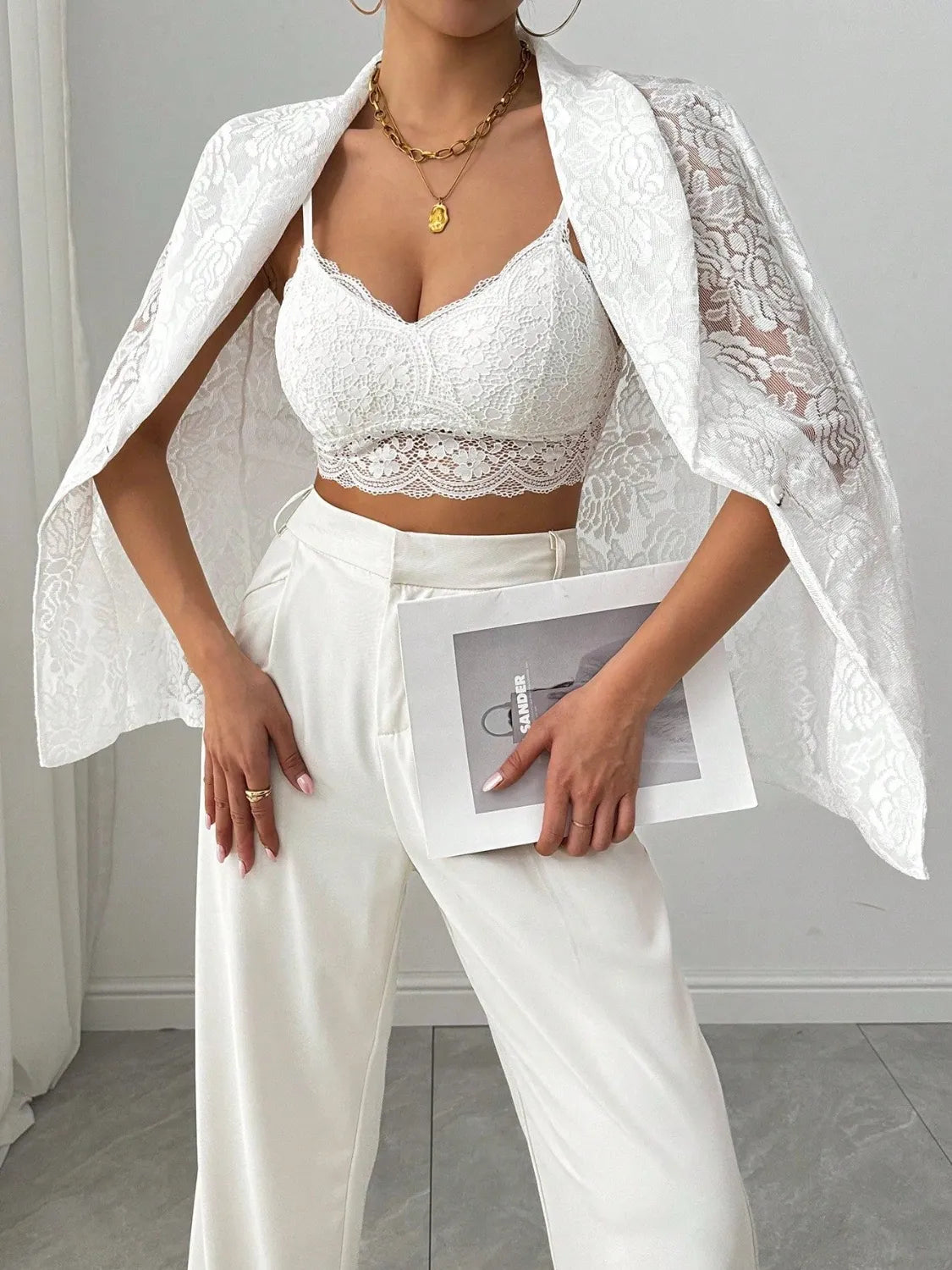 CHIC SHEER LACE LAPEL BLAZER