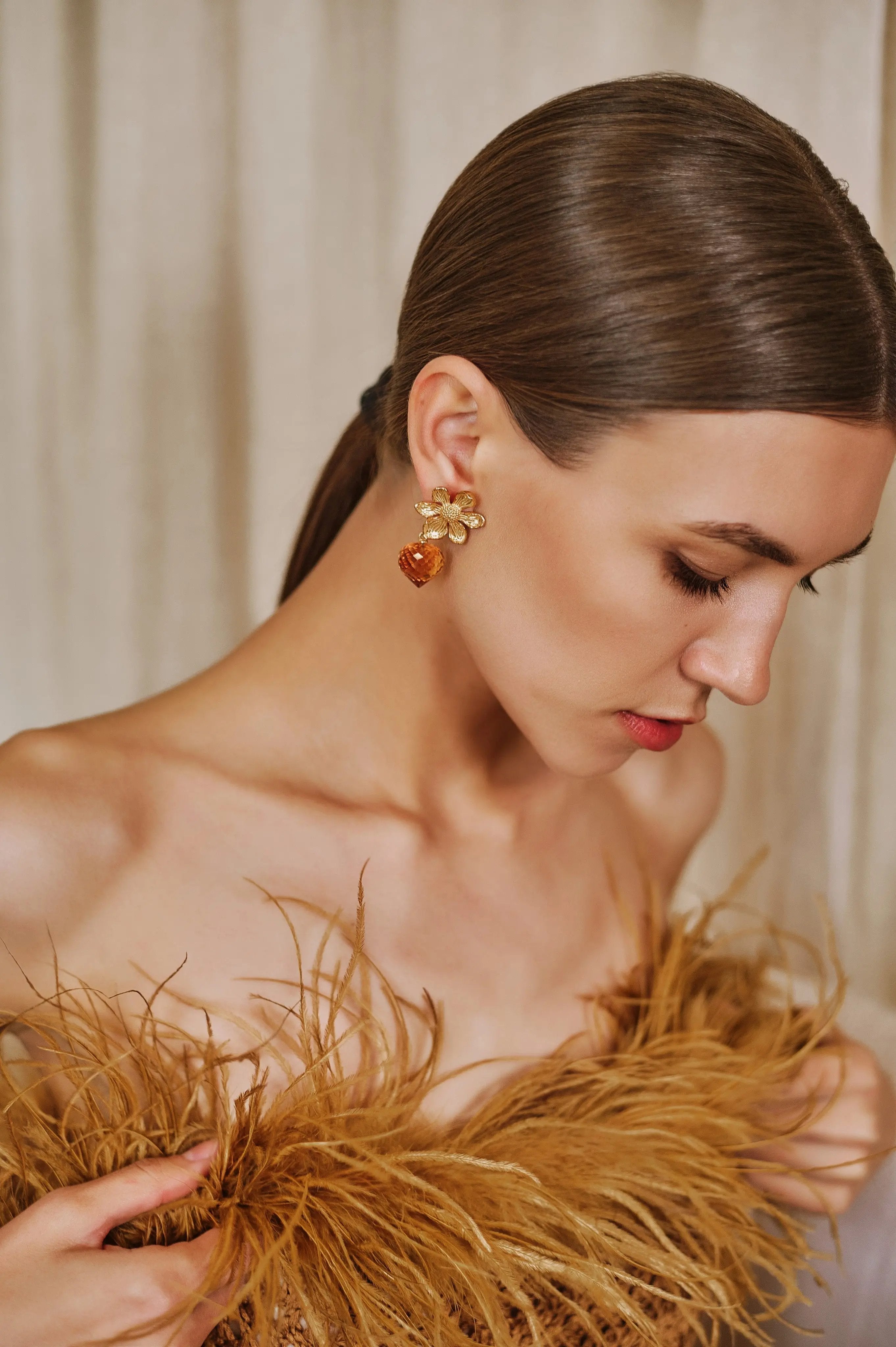 Decolet Citrine Flower Earrings Women&amp;#39;s Dangle Earrings Sterling Silver Gold Plated ✨ Lightweight