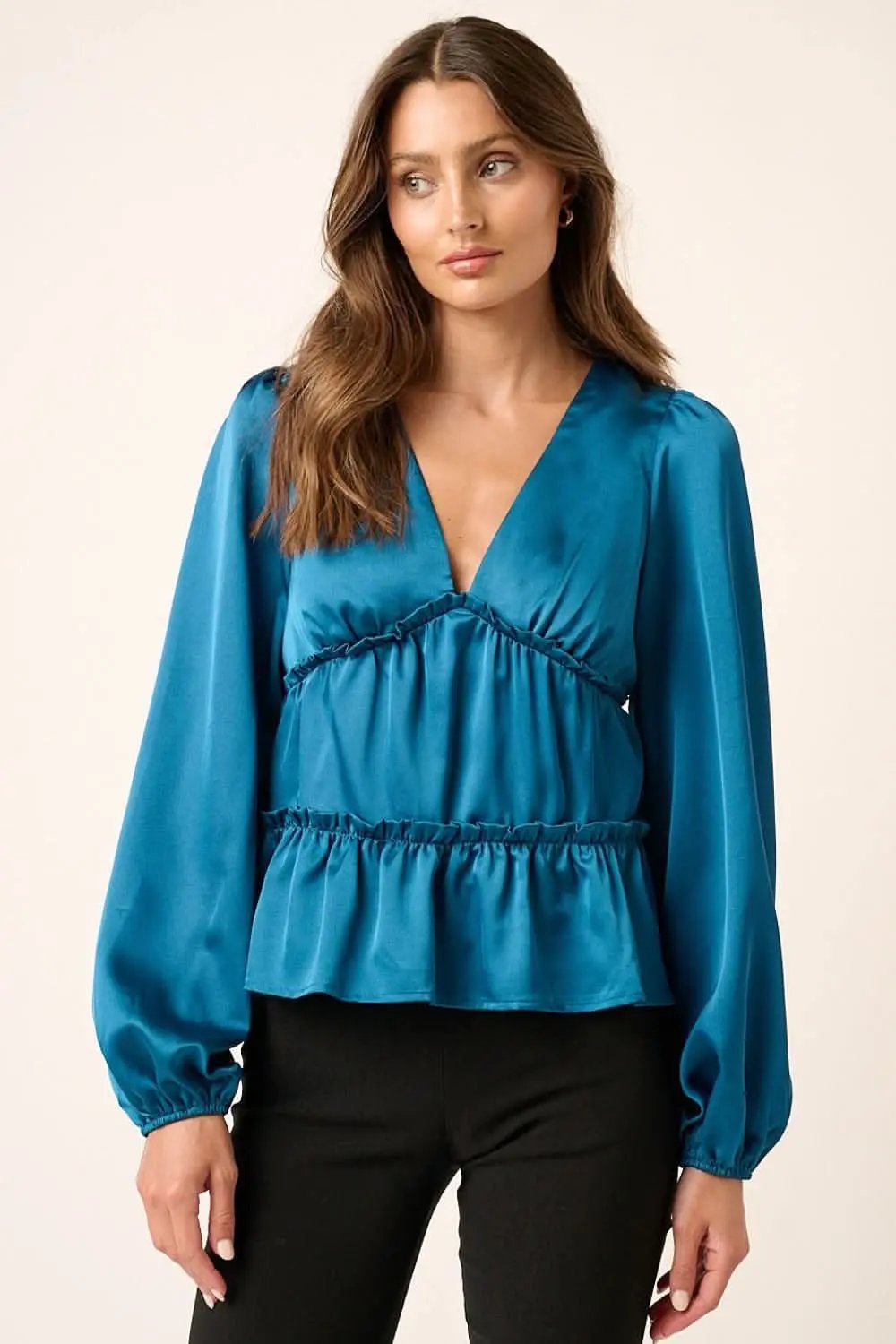 Trendsi Satin V-Neck Blouse Women&amp;#39;s Office/Date Top Ruffled Tier, Elegant