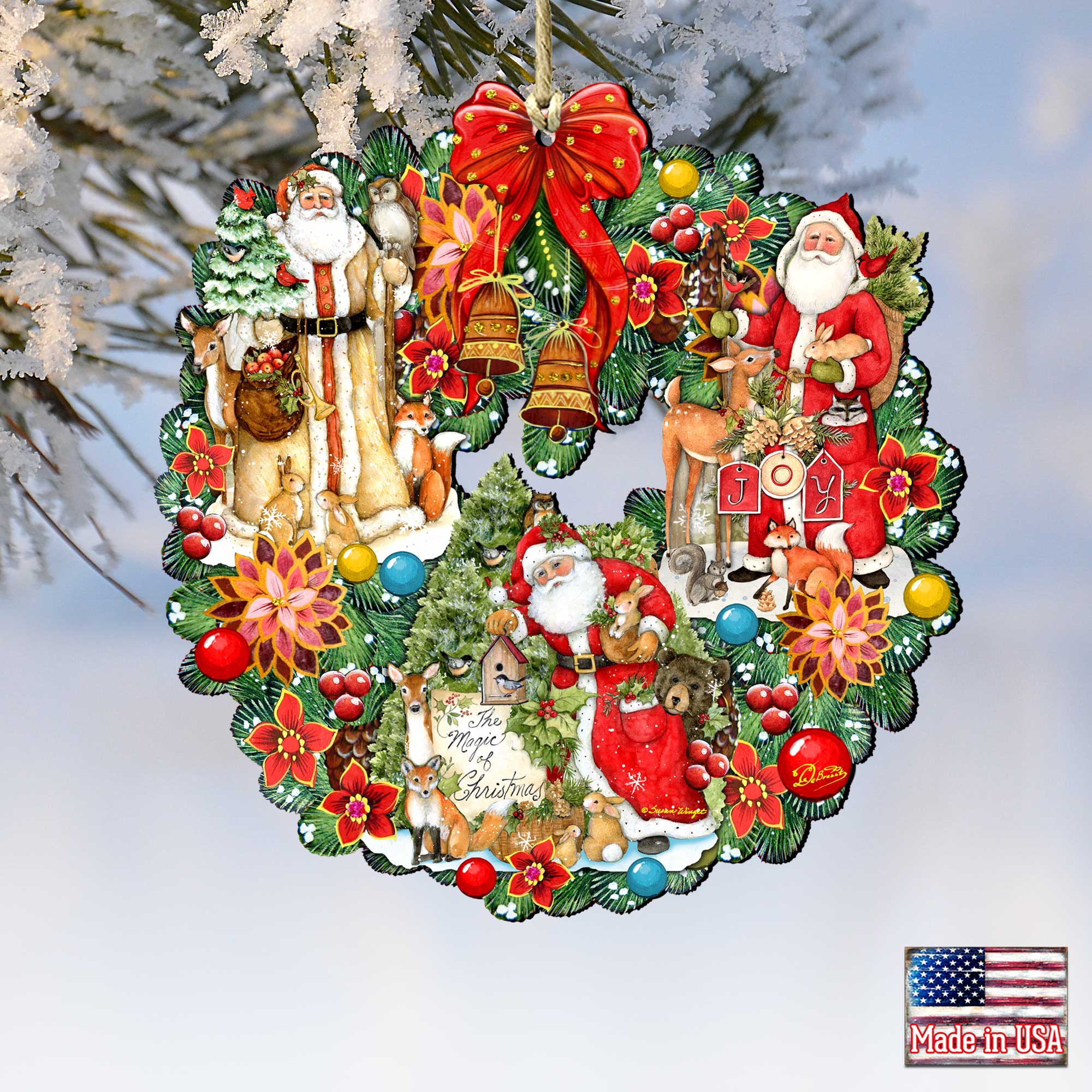 Classic Christmas Santa Wreath Wooden Ornaments by G. Debrekht and Susan Winget - Tree Ornament with Santa and Snowman Decor - 8185307-7-SW