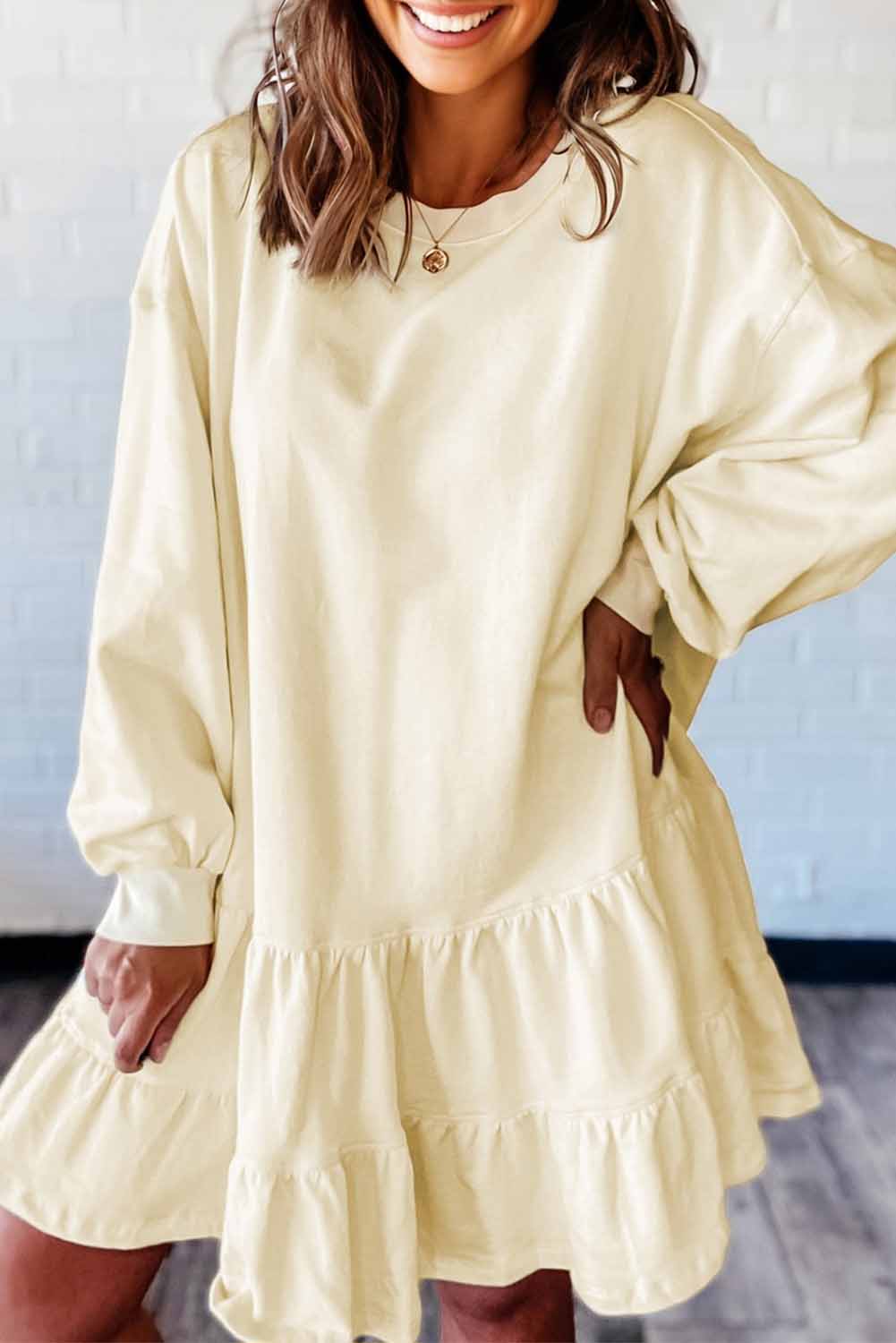 Solid Tiered Ruffle Hem Long Sleeve Dress