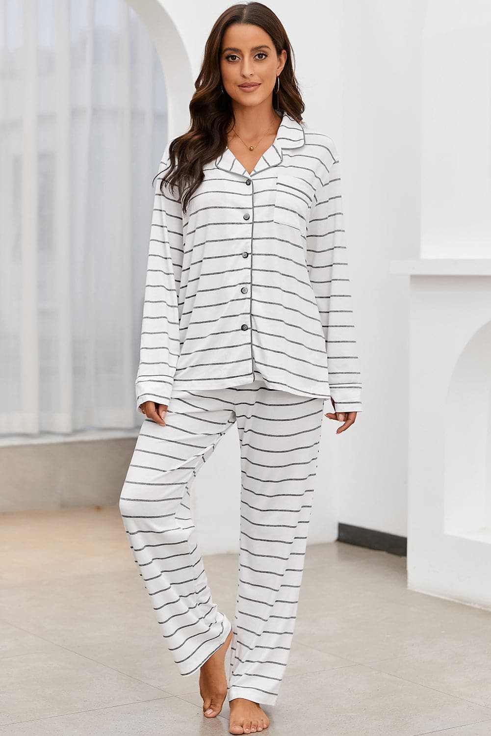 Chic striped lounge set, v-neck, drawstring pants