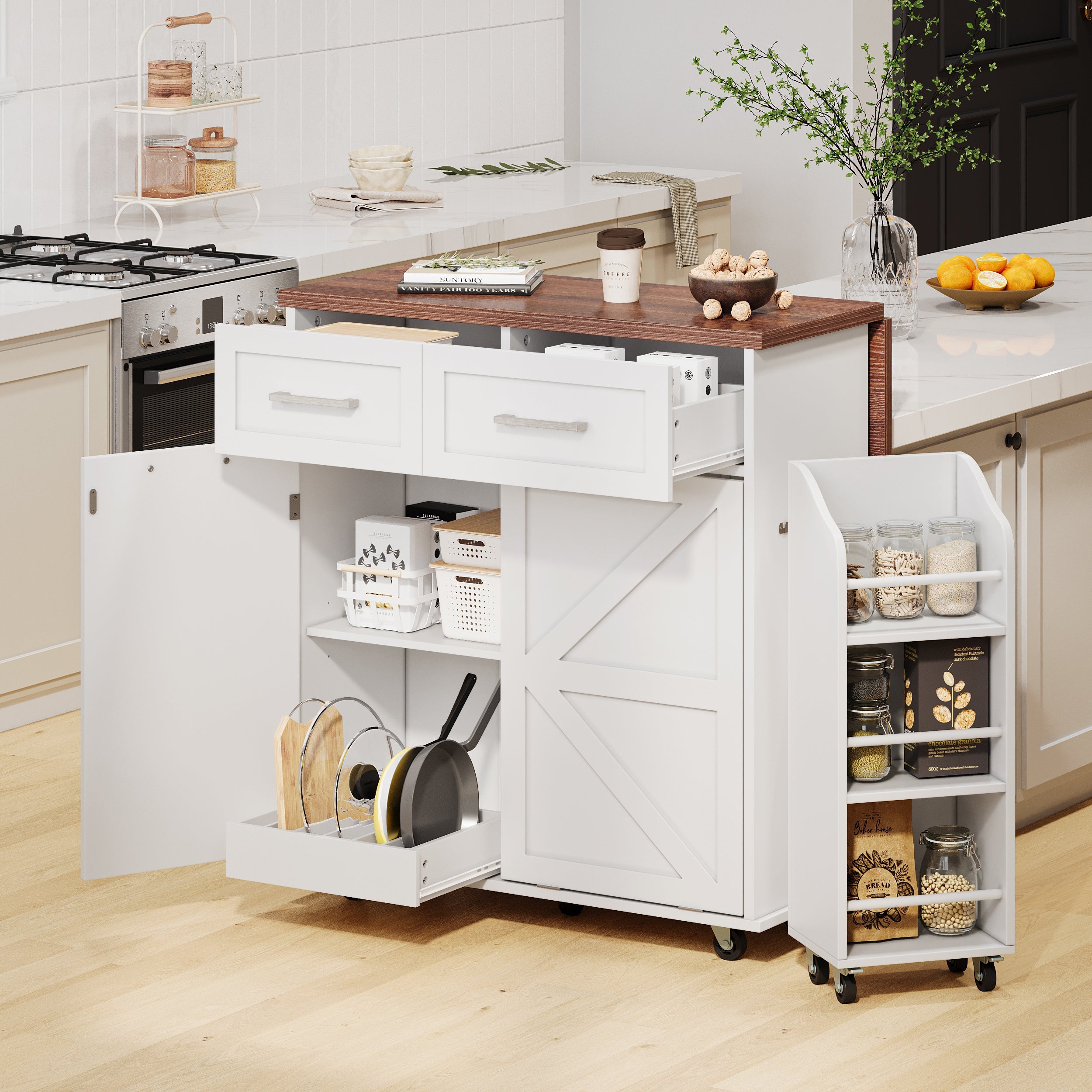 K&amp;amp;K 47.2&amp;#39; Farmhouse Kitchen Island with Drop Leaf, Kitchen Storage Island with Removable Side Racks, Two Drawers, Rolling Kitchen Cart on Wheels with Towel Rack, for Home, Kitchen, Dining Room, White