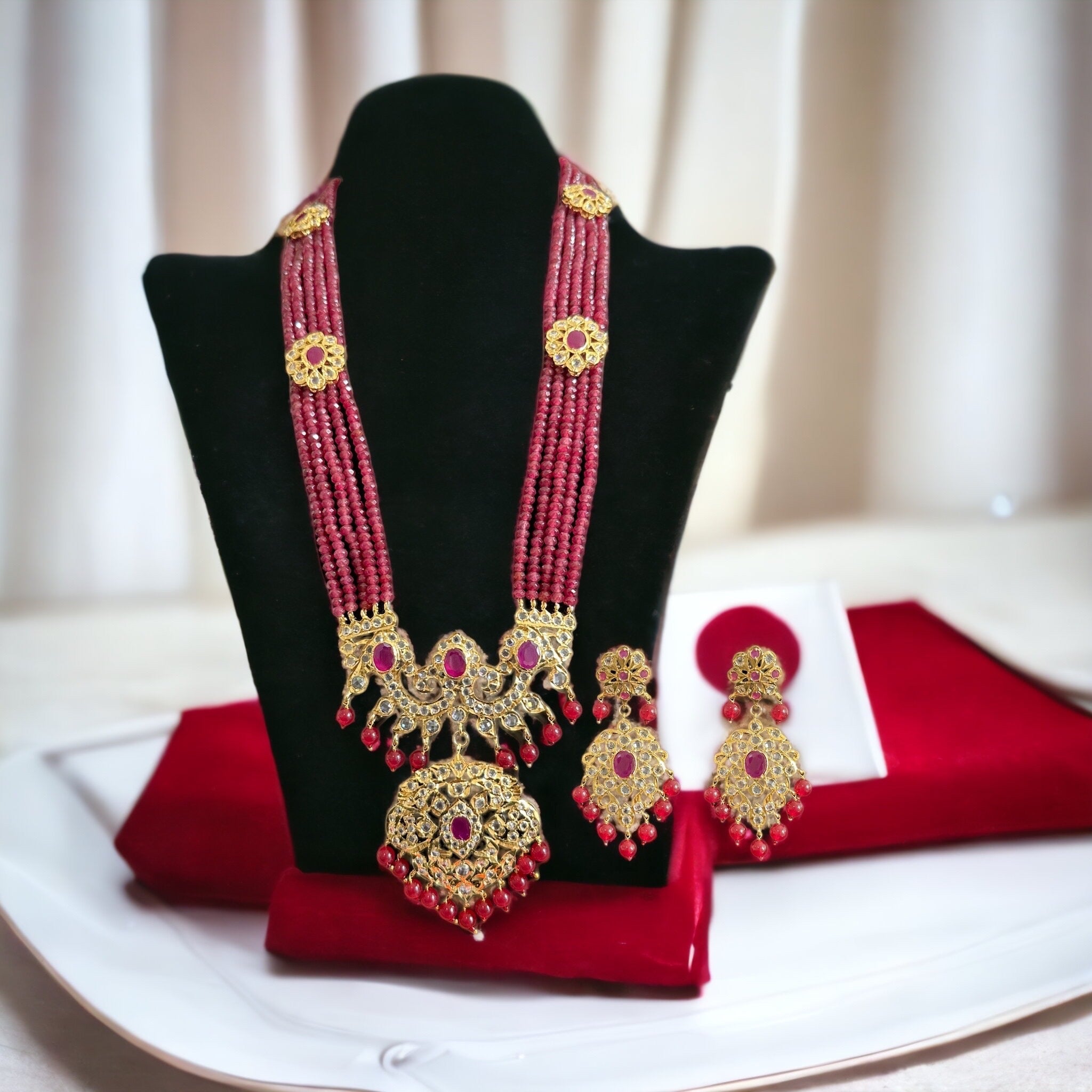 DLN31 gold plated Hyderabadi Rani haar in semi precious rubies ( SHIPS IN 3 WEEKS )