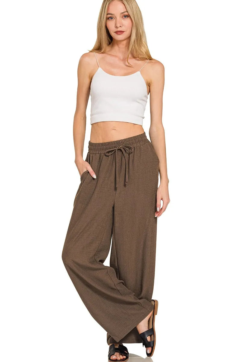 Zenana Woven Crepe Elastic Band Pants